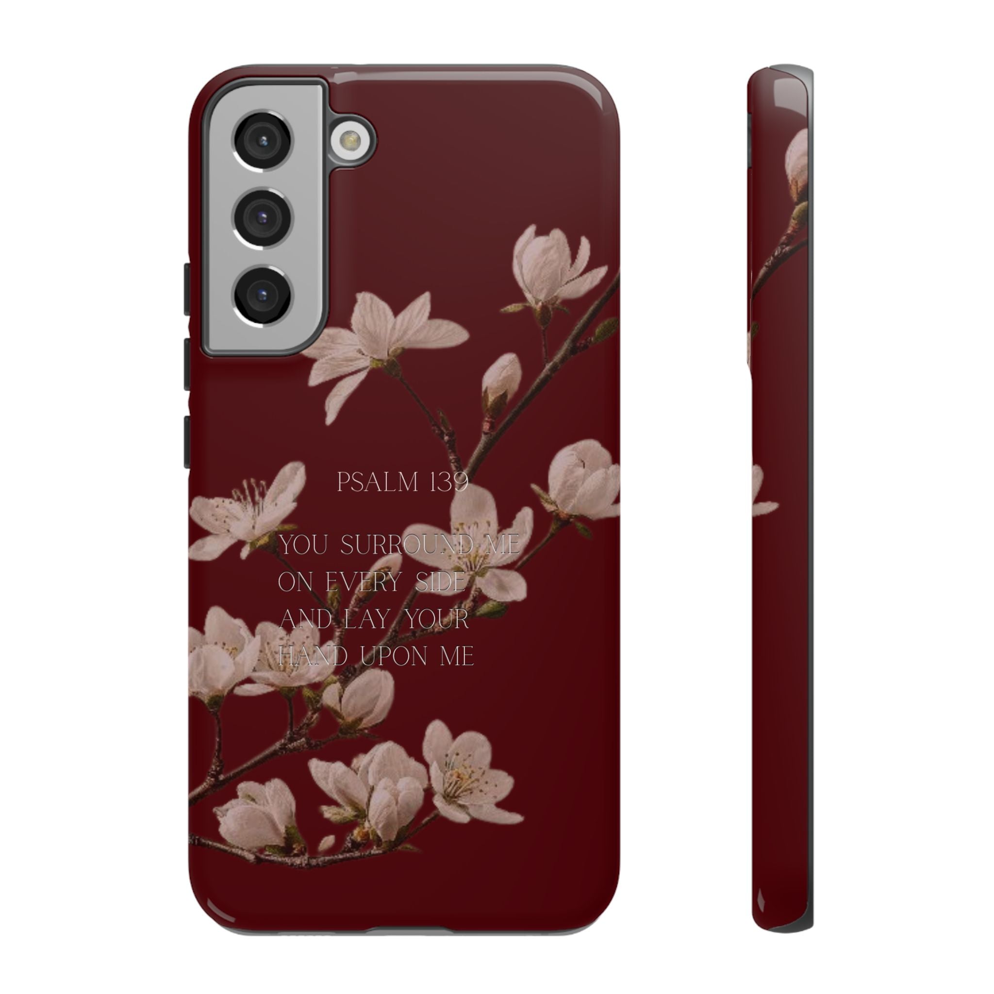 Floral Psalm Tough Phone Case — Burgundy Magnolia Branch with Psalm 139 Verse