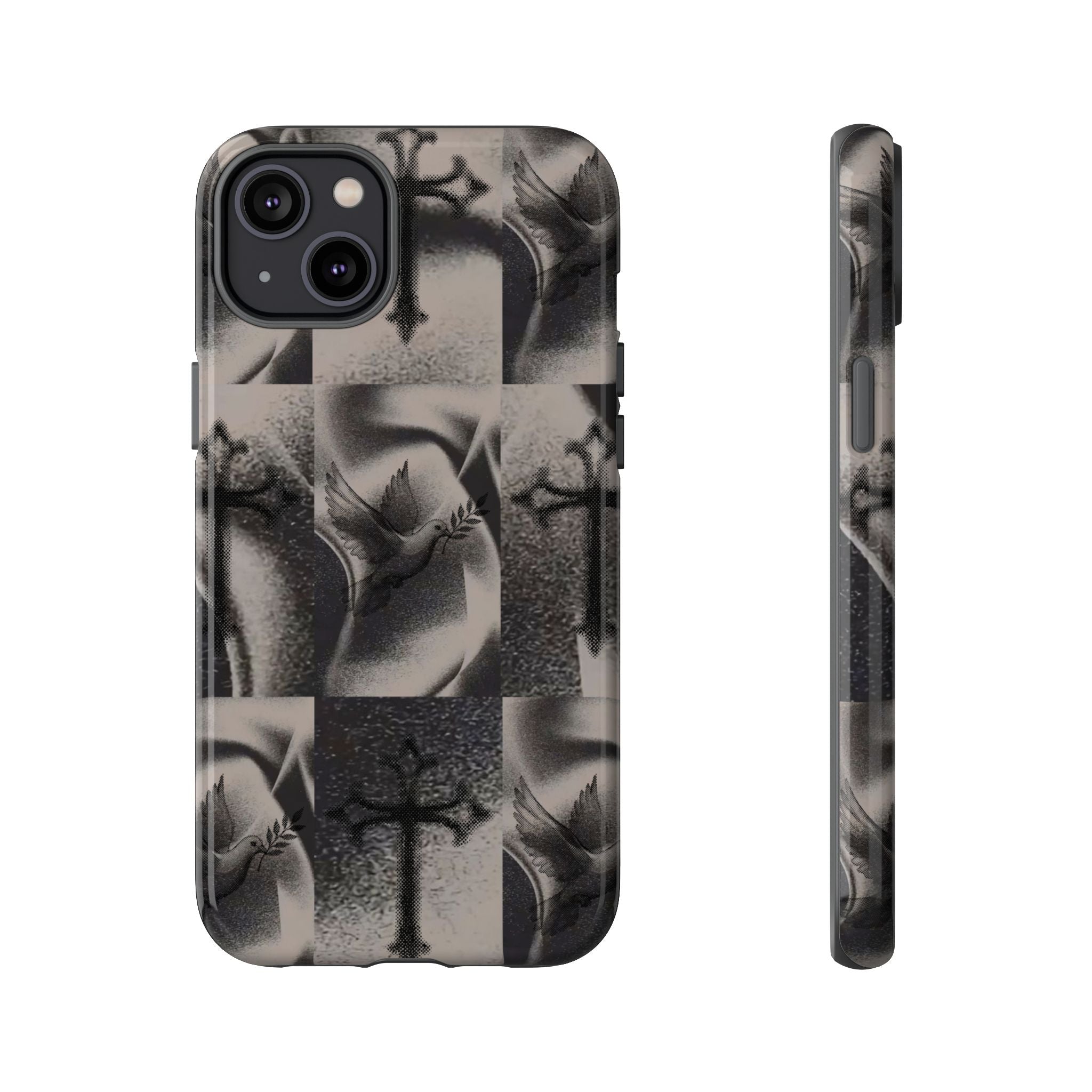 Gothic Cross & Dove Phone Case — Moody Checkerboard Protective Case
