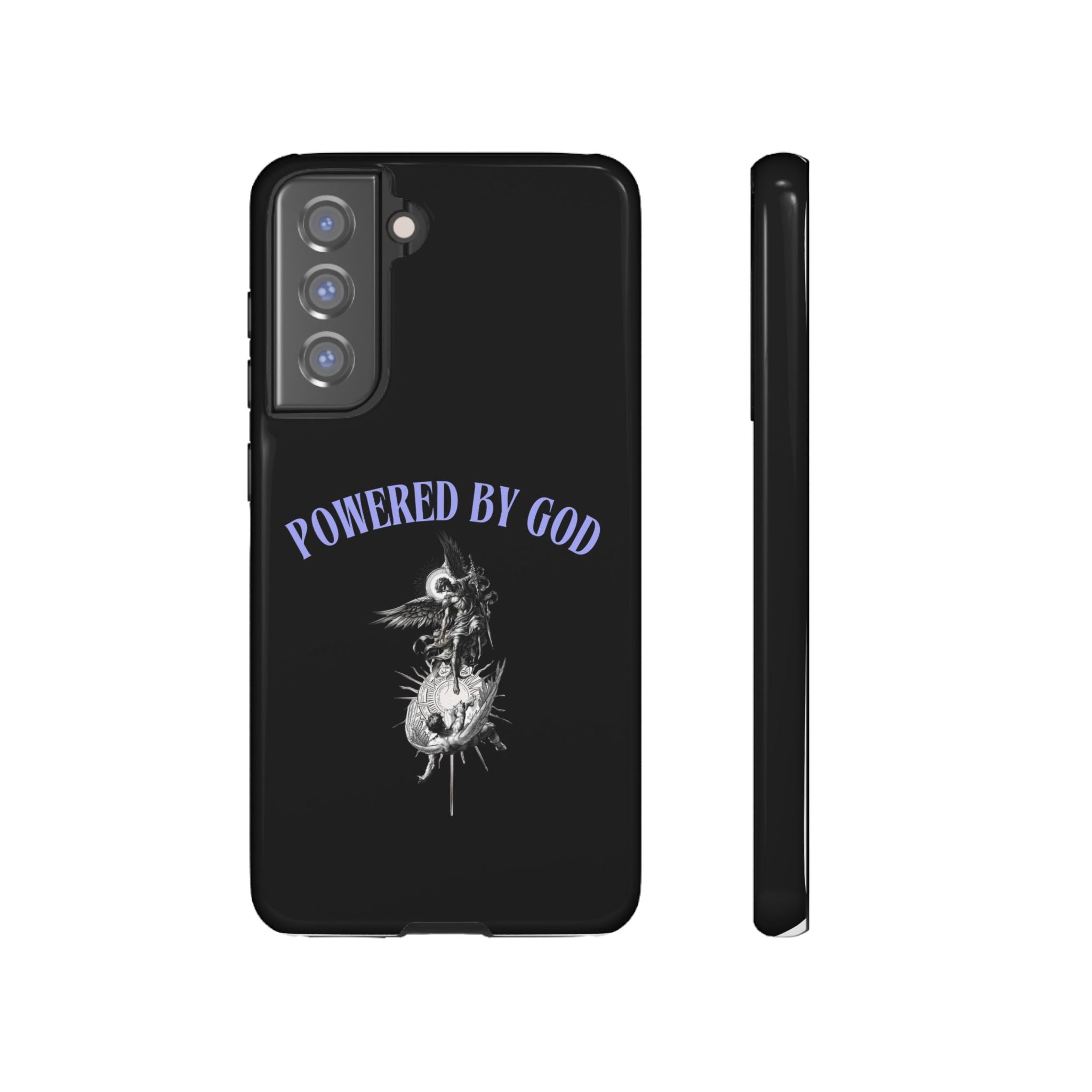 Phone Case — "Powered by God" Black Protective Case with Angelic Skull Design
