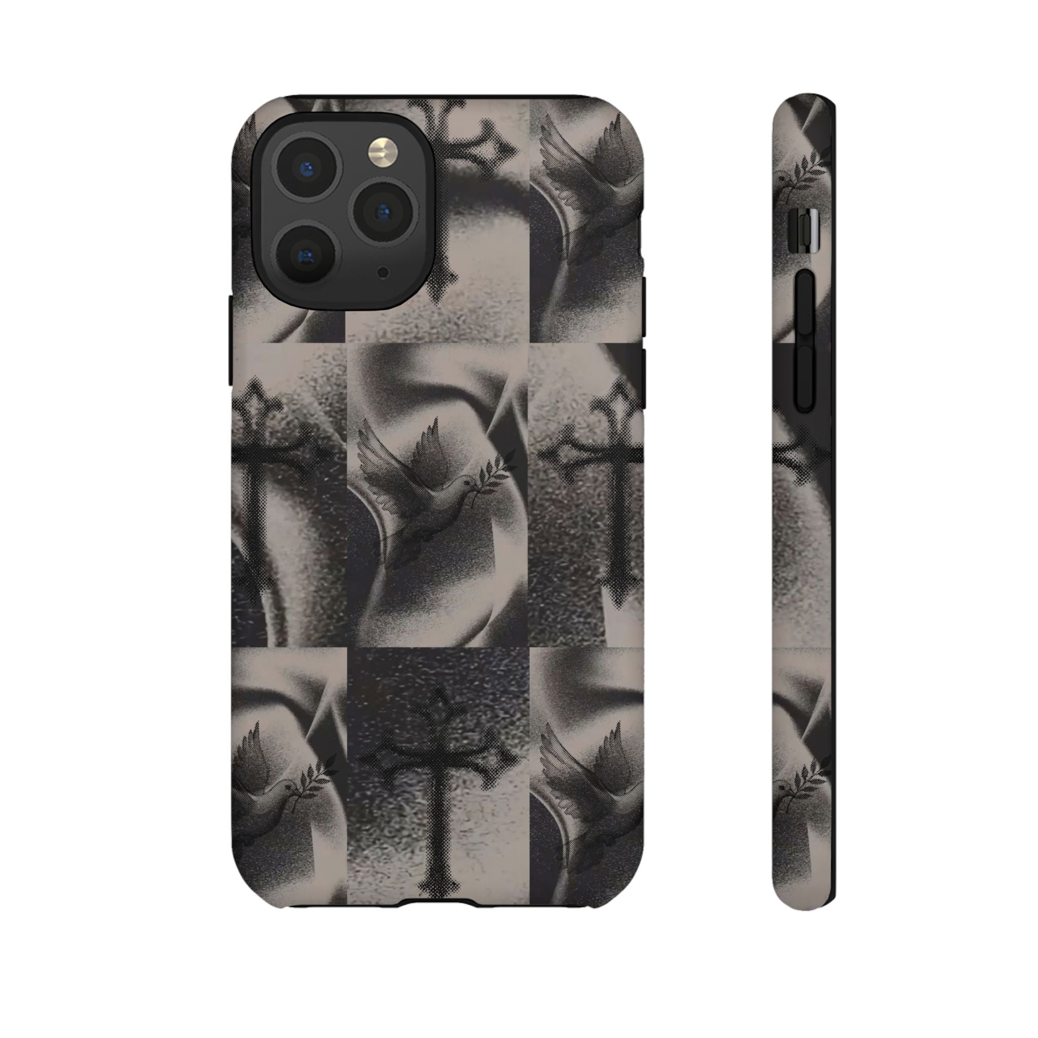 Gothic Cross & Dove Phone Case — Moody Checkerboard Protective Case