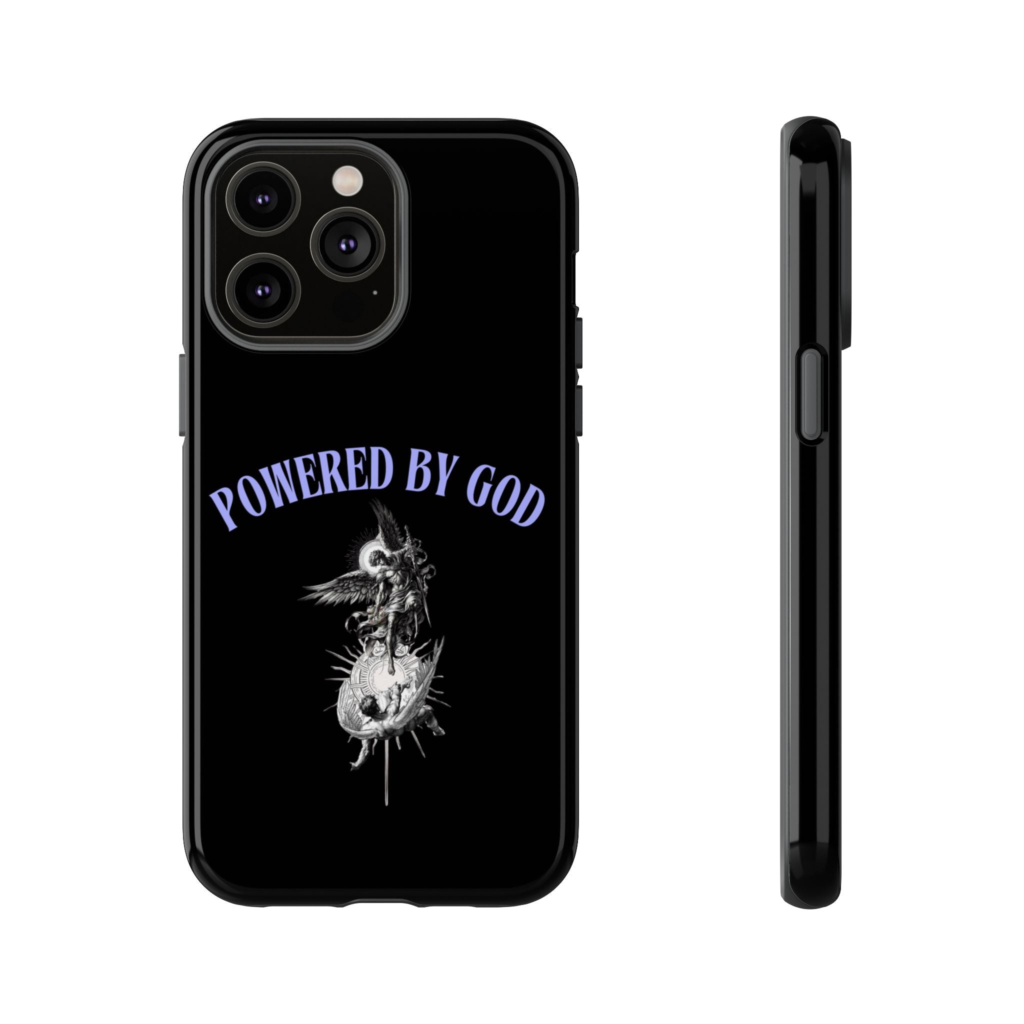 Phone Case — "Powered by God" Black Protective Case with Angelic Skull Design