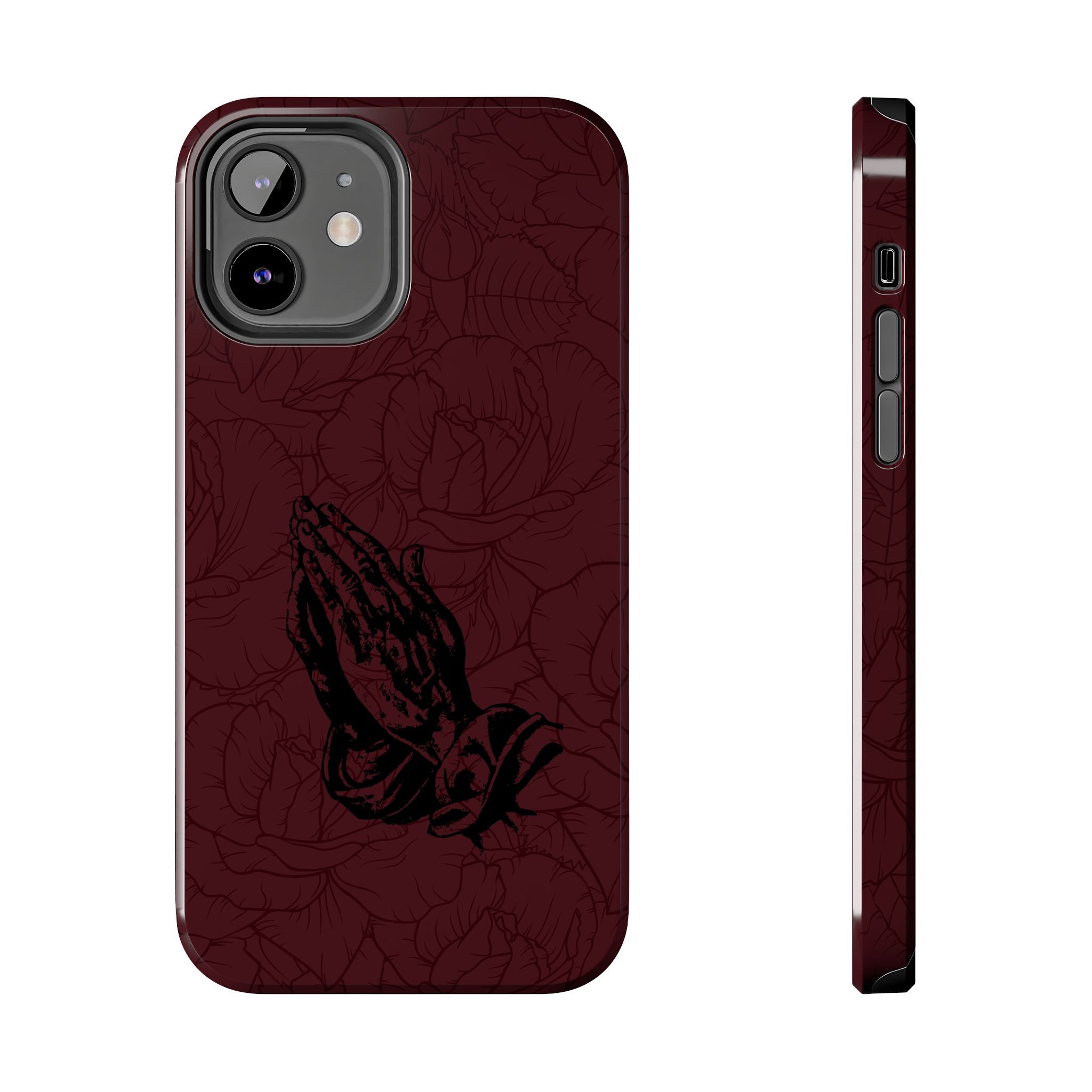 Burgundy Praying Hands Tough Phone Case – Floral Background, Religious Protective Cover