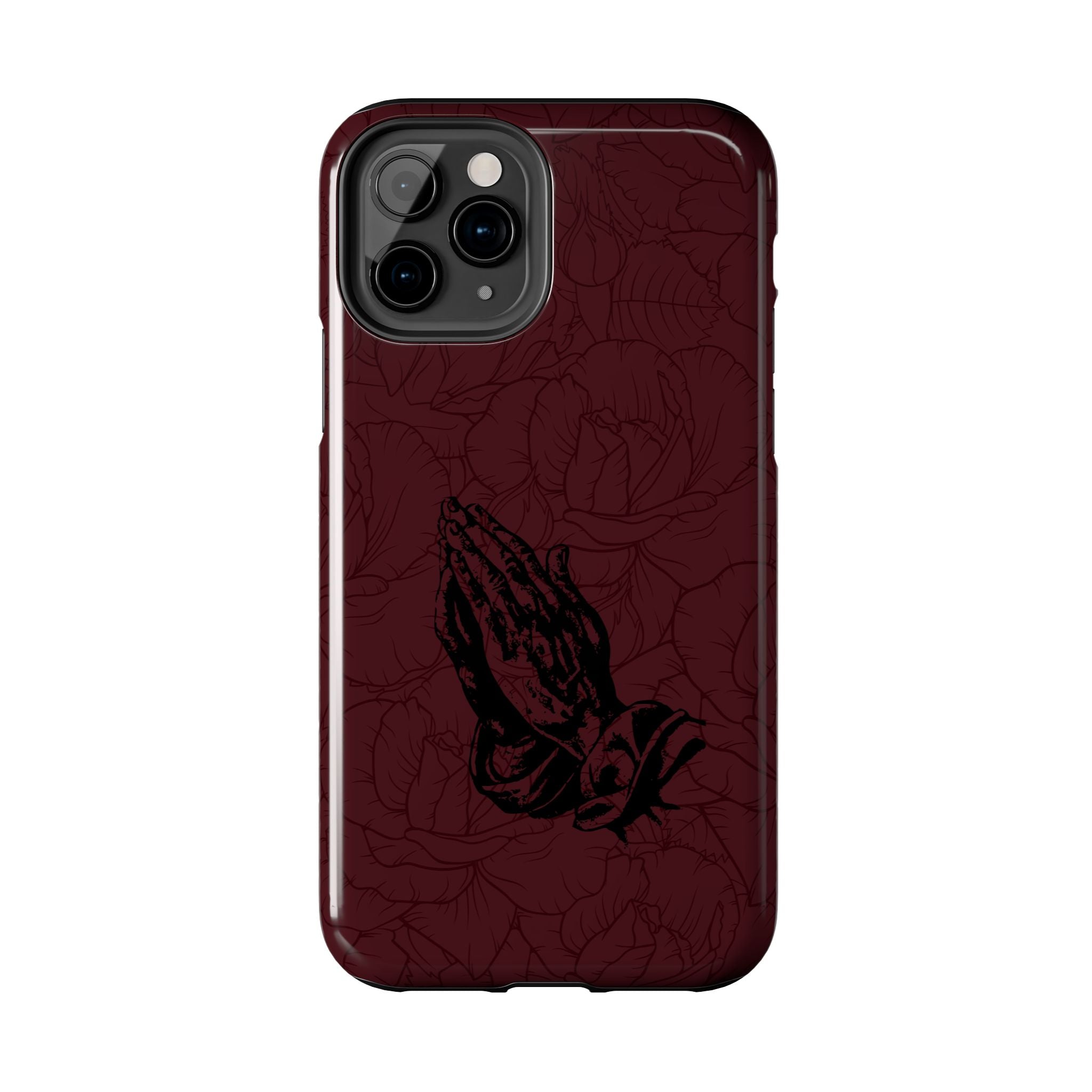 Burgundy Praying Hands Tough Phone Case – Floral Background, Religious Protective Cover