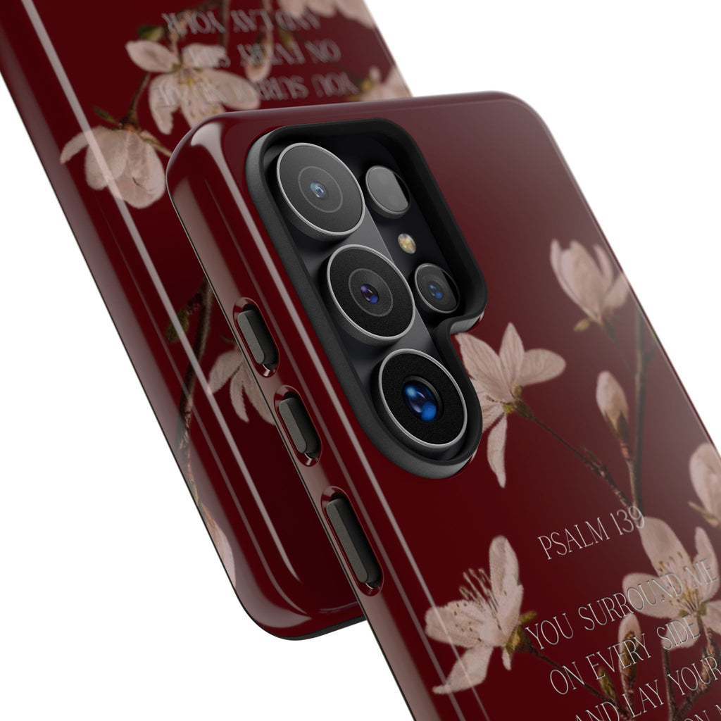 Floral Psalm Tough Phone Case — Burgundy Magnolia Branch with Psalm 139 Verse