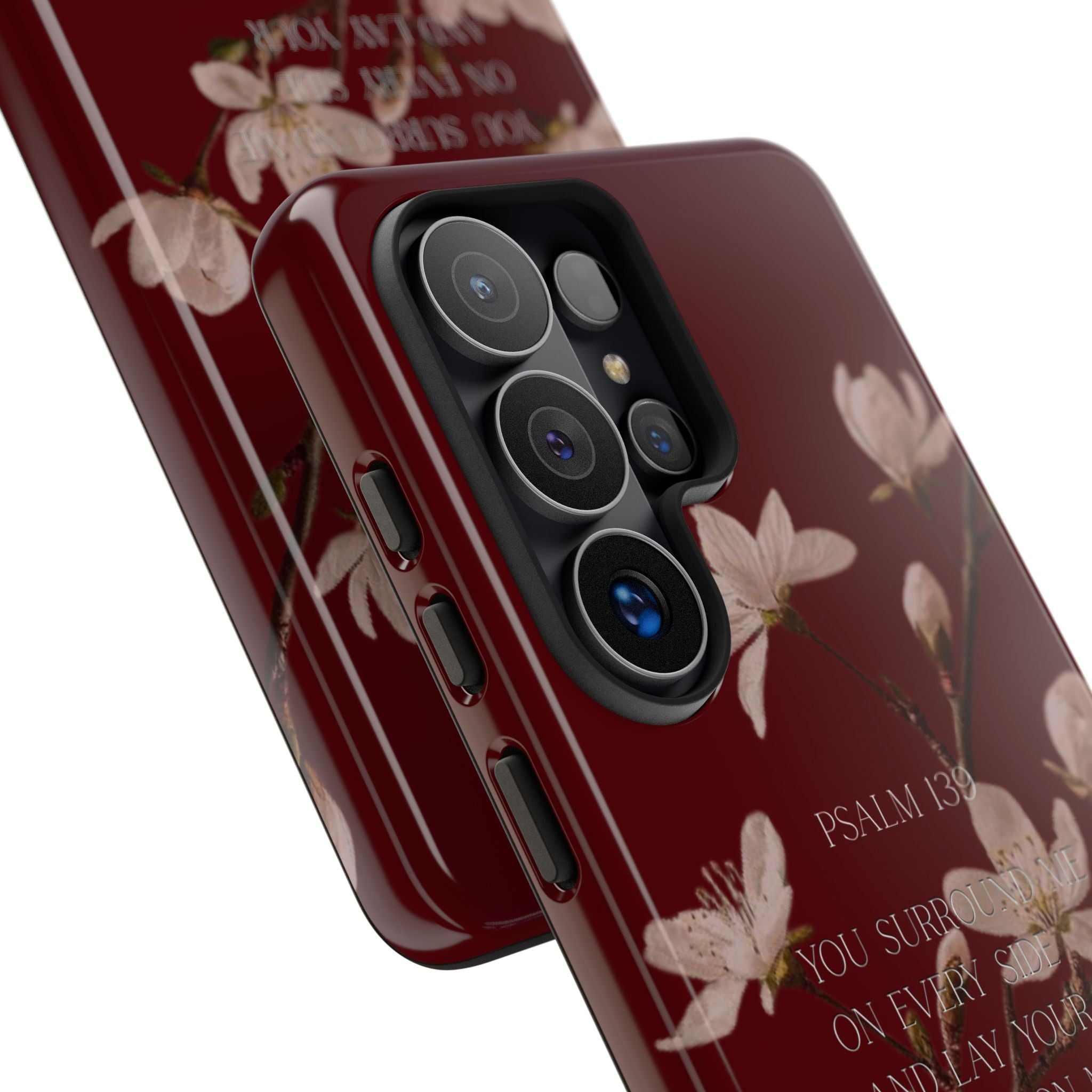 Floral Psalm Tough Phone Case — Burgundy Magnolia Branch with Psalm 139 Verse