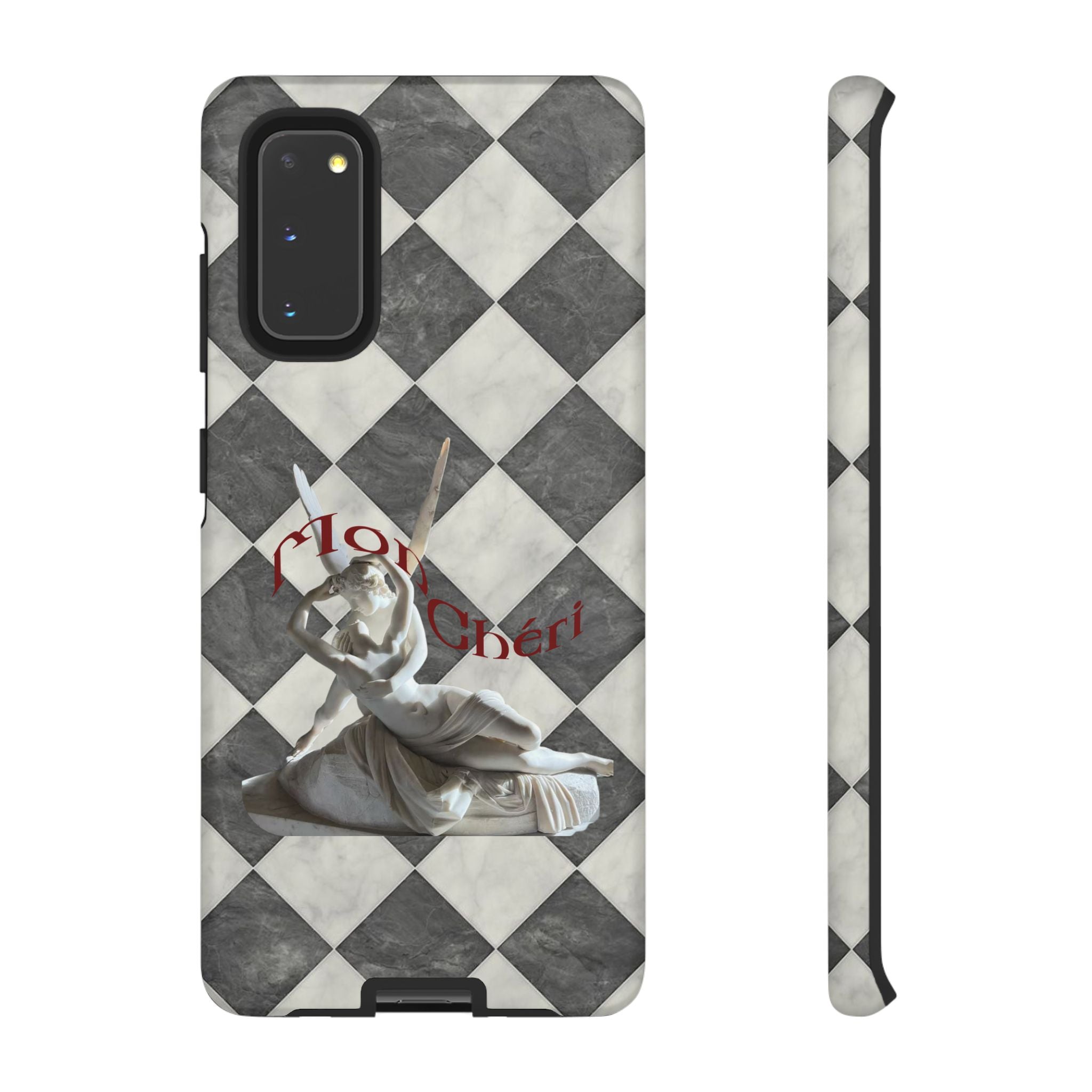 Phone Case — Vintage Harlequin Design with 'Mon Cheri' Statue Accent