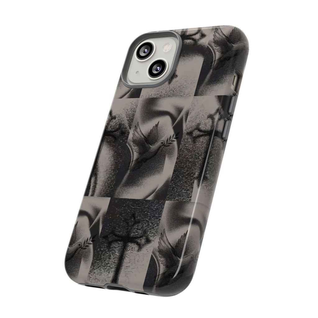 Gothic Cross & Dove Phone Case — Moody Checkerboard Protective Case