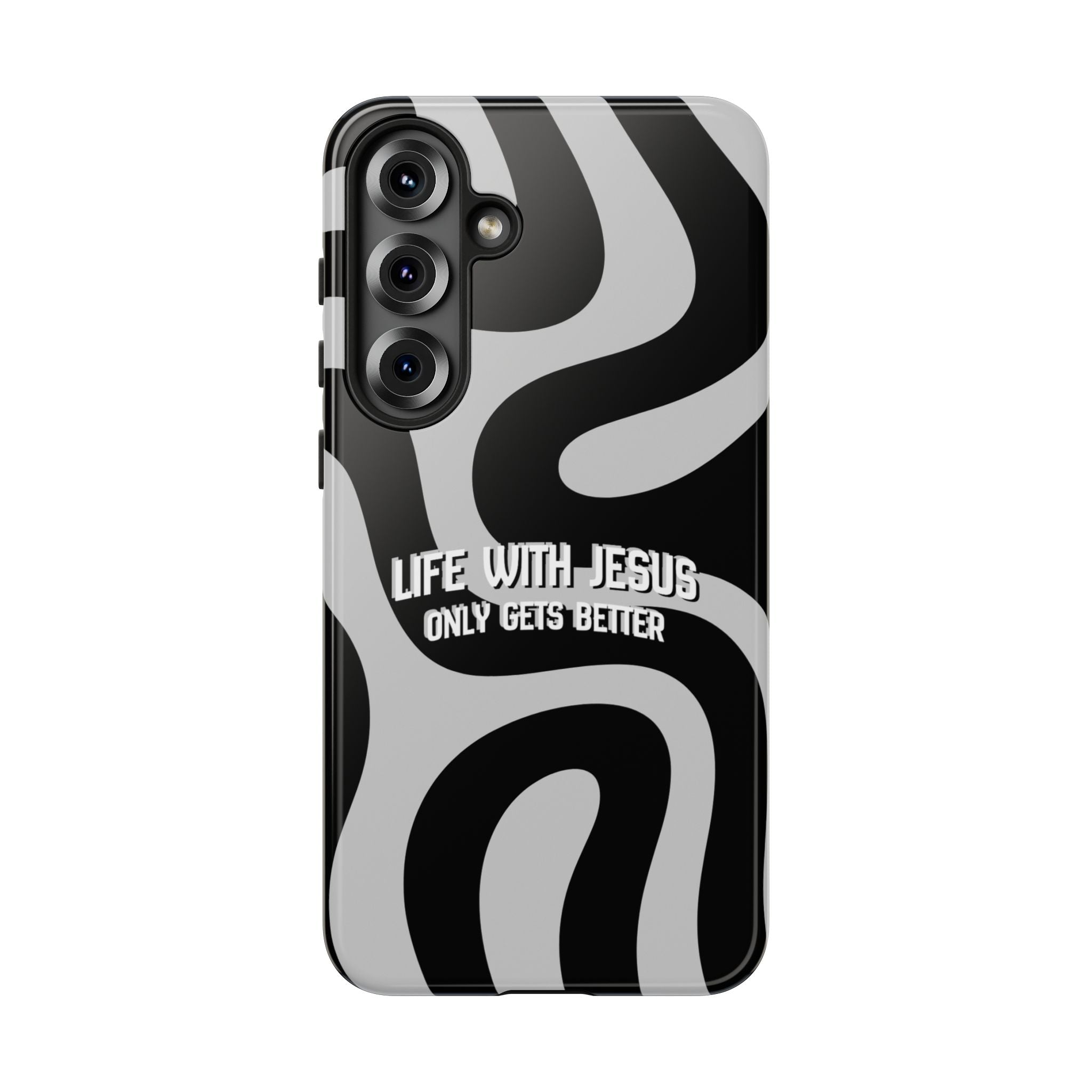 Christian iPhone Tough Case — "Life With Jesus Only Gets Better" Black & White Swirl Design