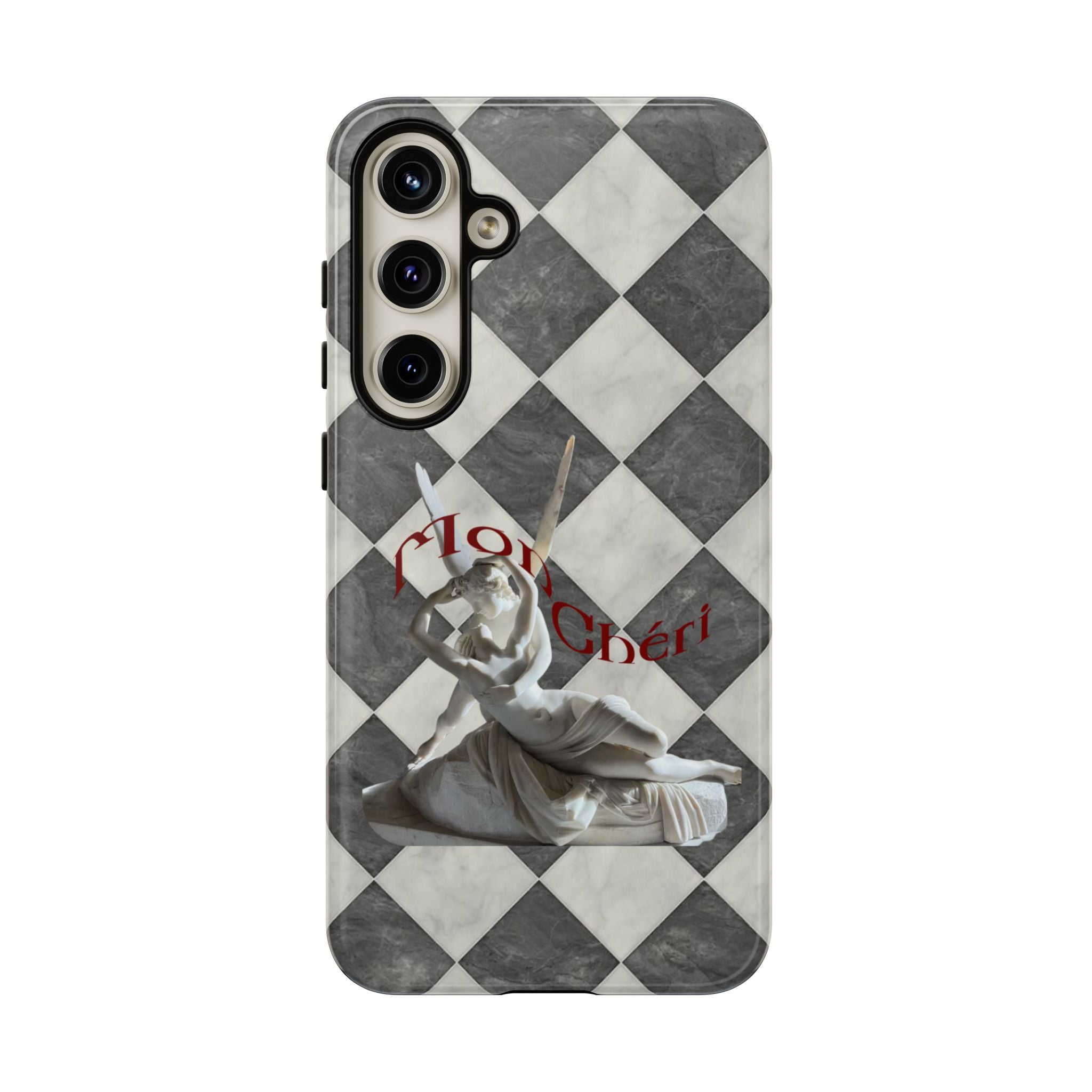 Phone Case — Vintage Harlequin Design with 'Mon Cheri' Statue Accent