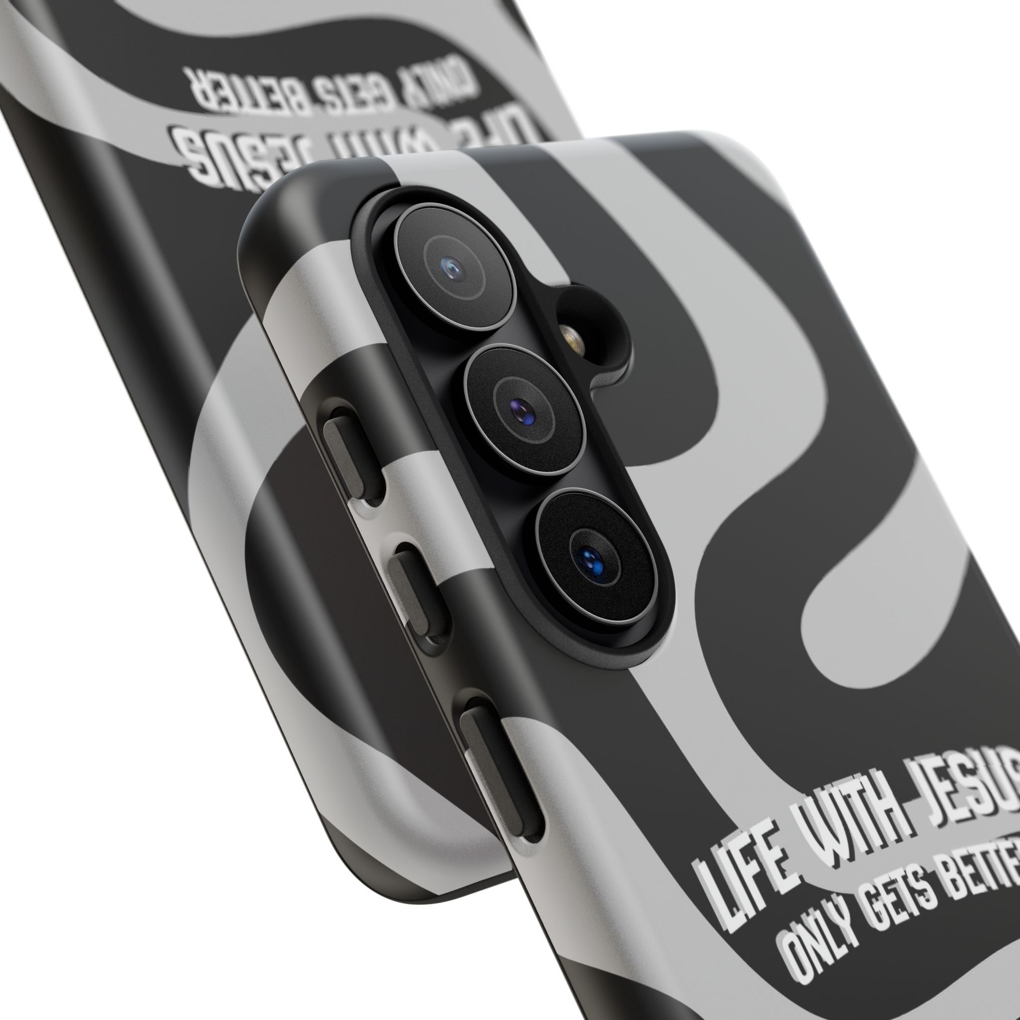 Christian iPhone Tough Case — "Life With Jesus Only Gets Better" Black & White Swirl Design