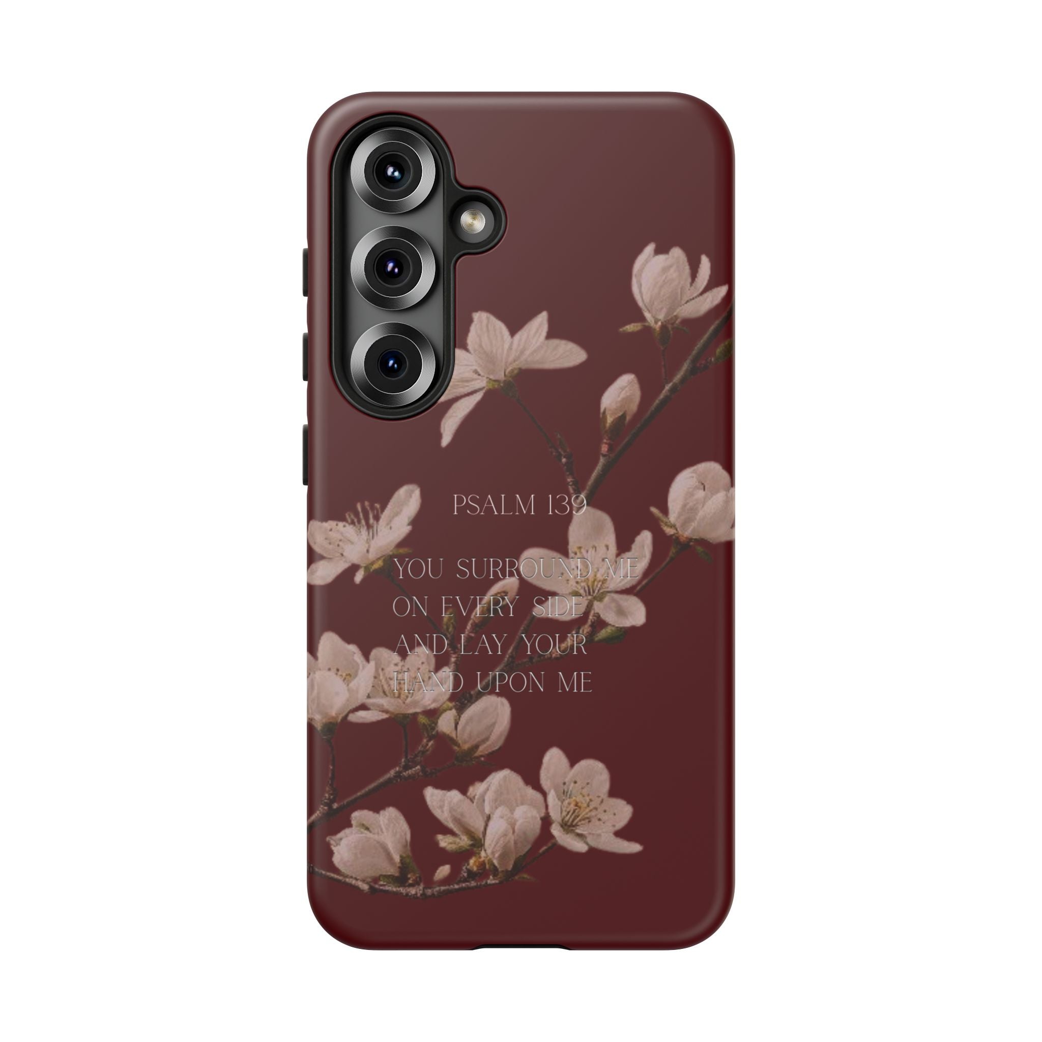Floral Psalm Tough Phone Case — Burgundy Magnolia Branch with Psalm 139 Verse
