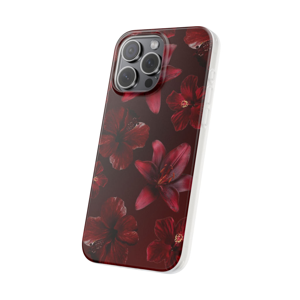 Red Floral Flexi Phone Case – Dark Burgundy Lily Pattern