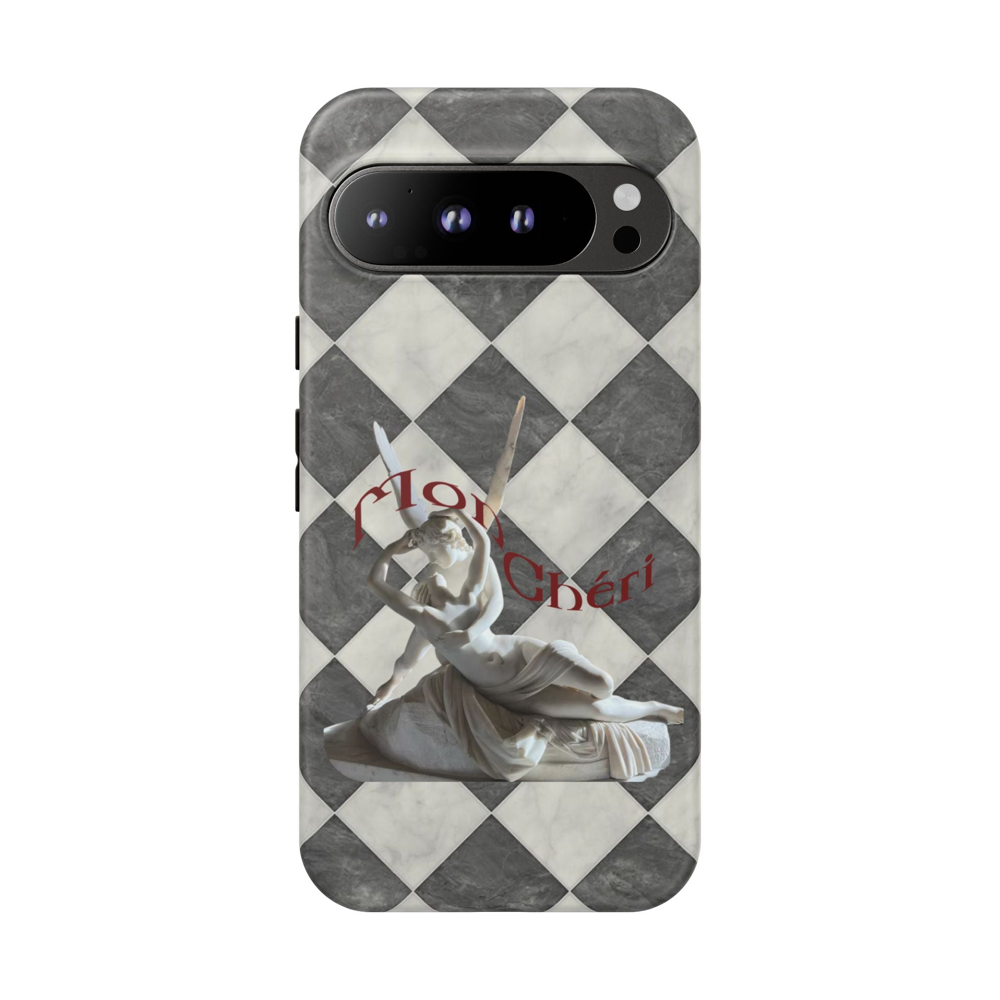 Phone Case — Vintage Harlequin Design with 'Mon Cheri' Statue Accent