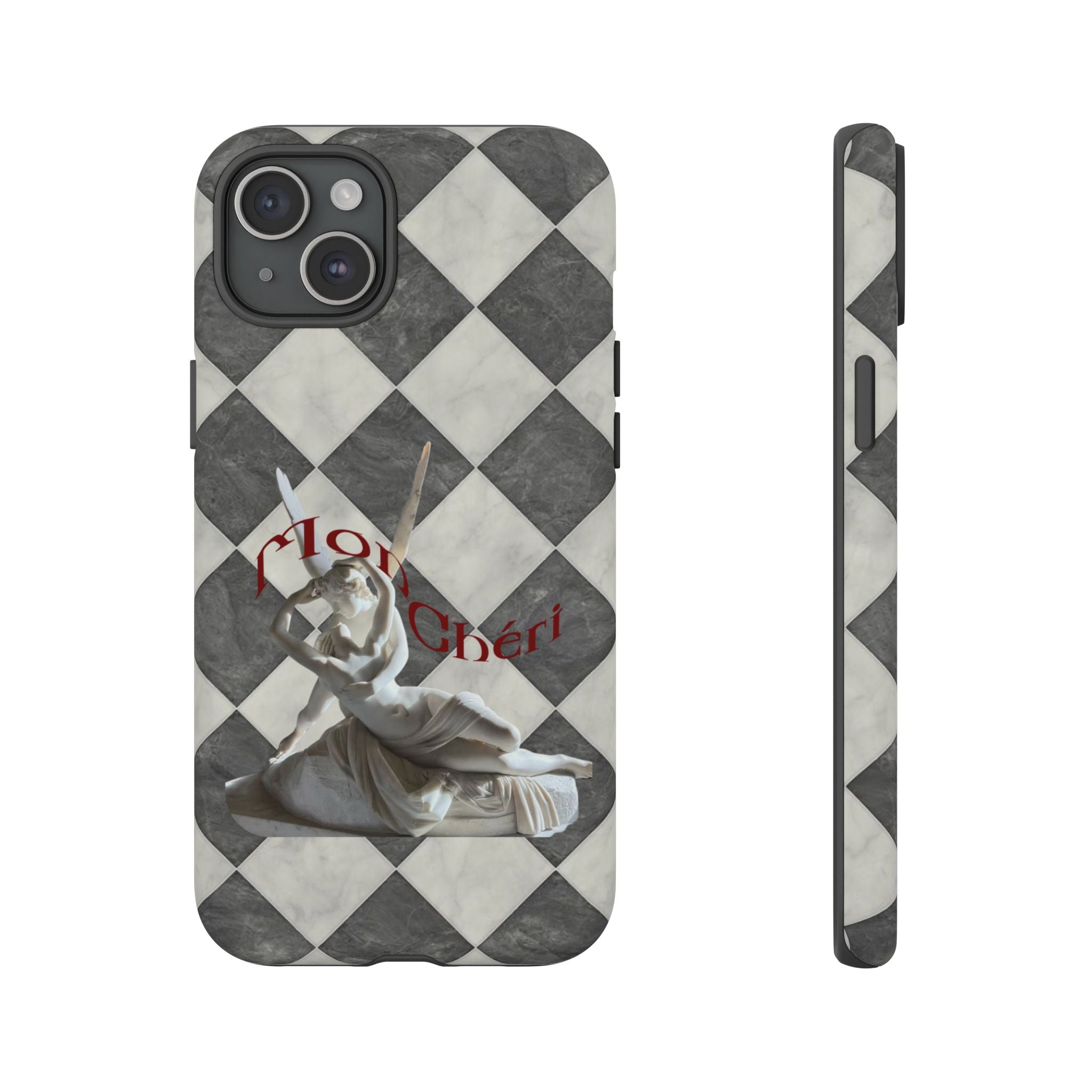 Phone Case — Vintage Harlequin Design with 'Mon Cheri' Statue Accent