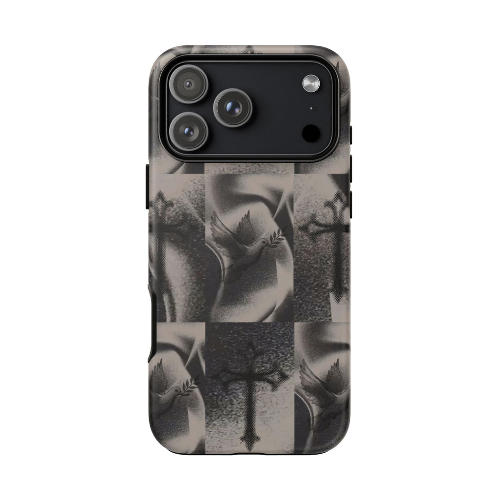 Gothic Cross & Dove Phone Case — Moody Checkerboard Protective Case
