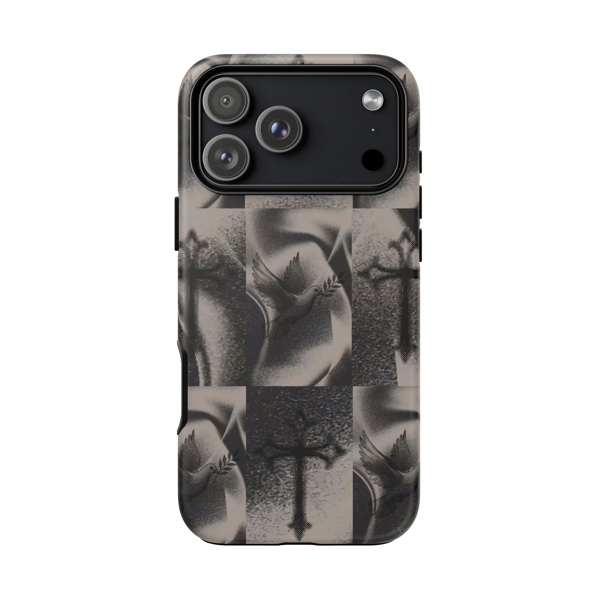 Gothic Cross & Dove Phone Case — Moody Checkerboard Protective Case