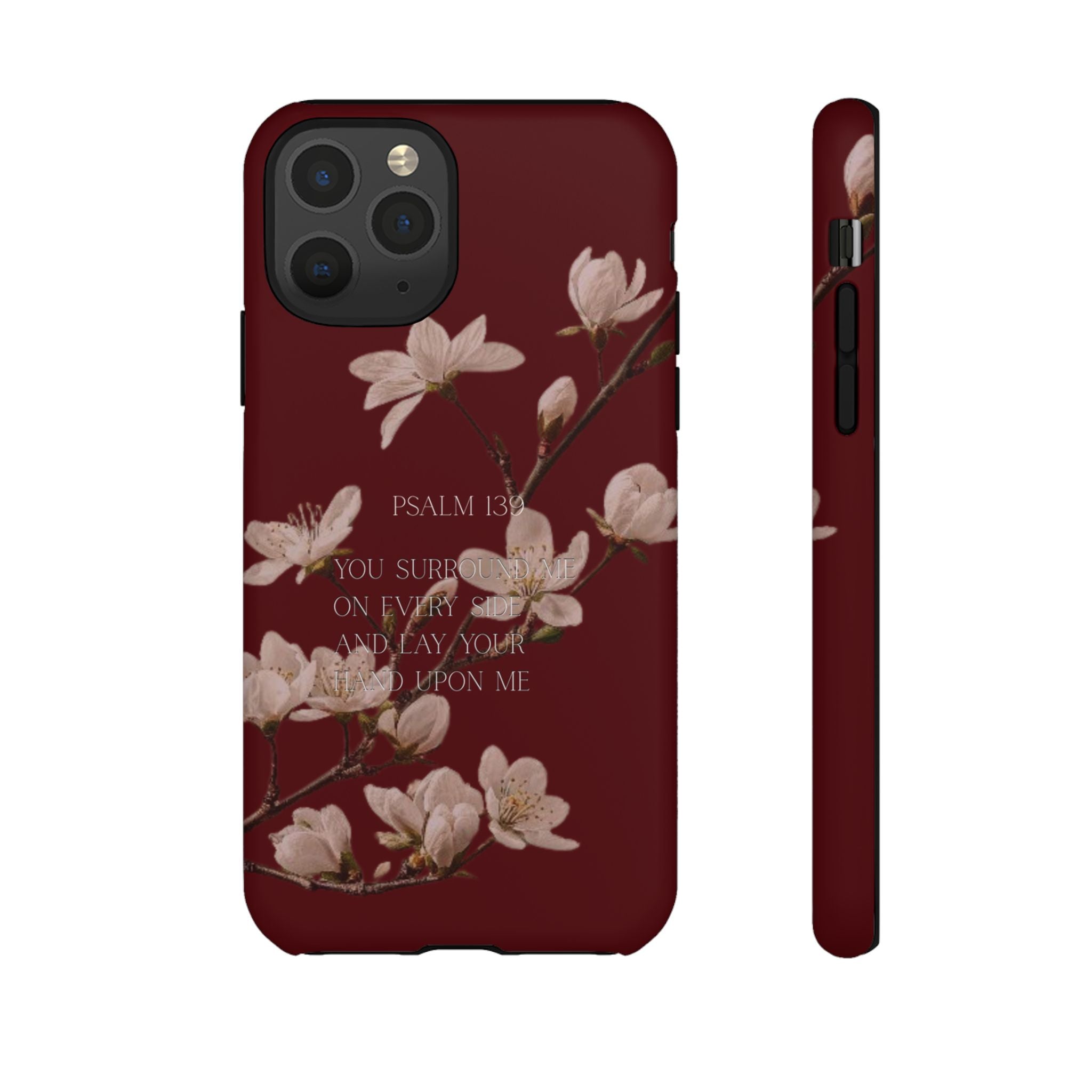 Floral Psalm Tough Phone Case — Burgundy Magnolia Branch with Psalm 139 Verse