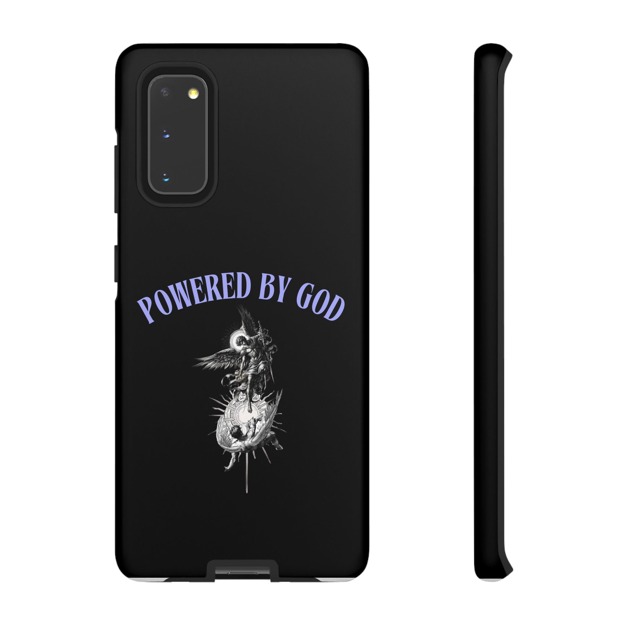 Phone Case — "Powered by God" Black Protective Case with Angelic Skull Design