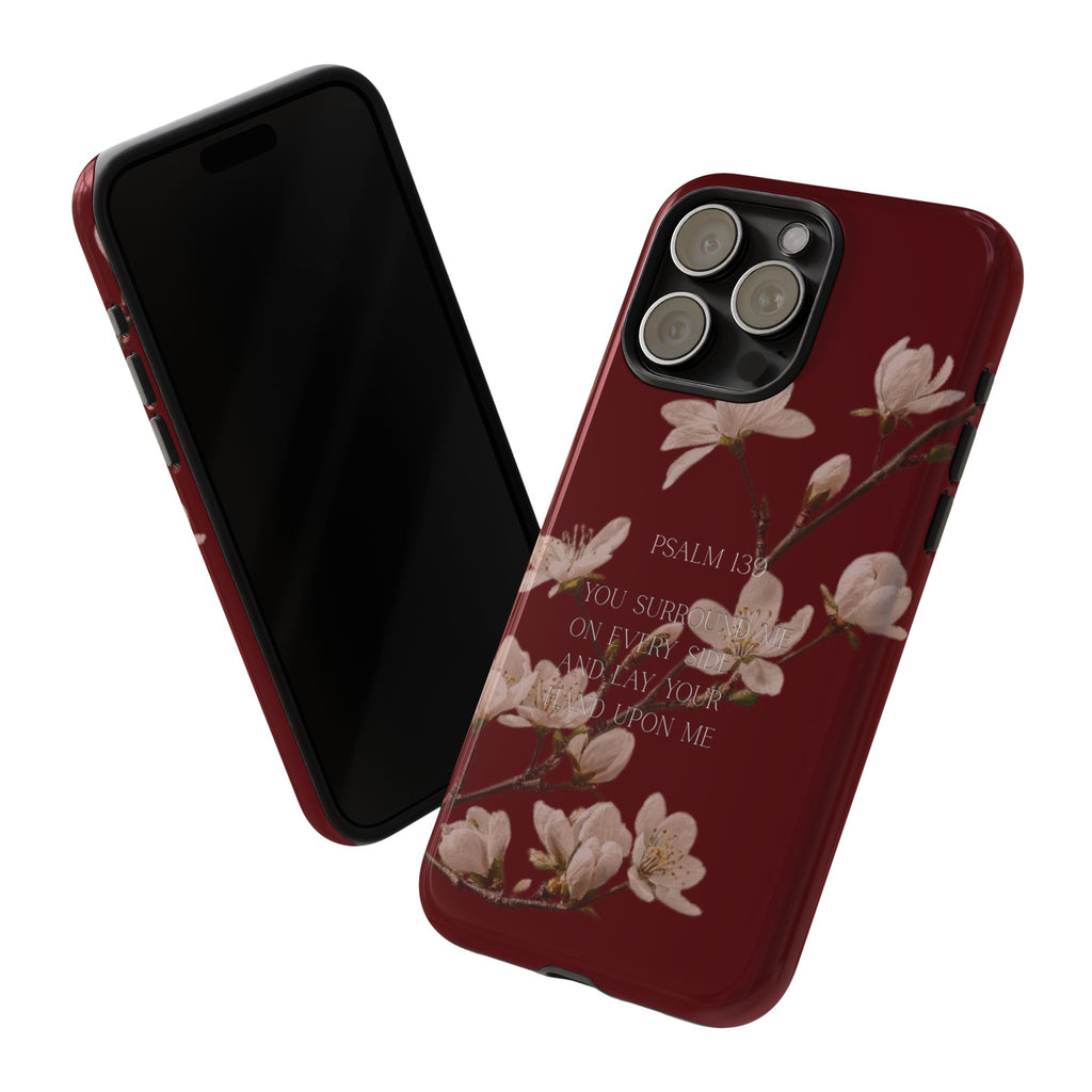 Floral Psalm Tough Phone Case — Burgundy Magnolia Branch with Psalm 139 Verse