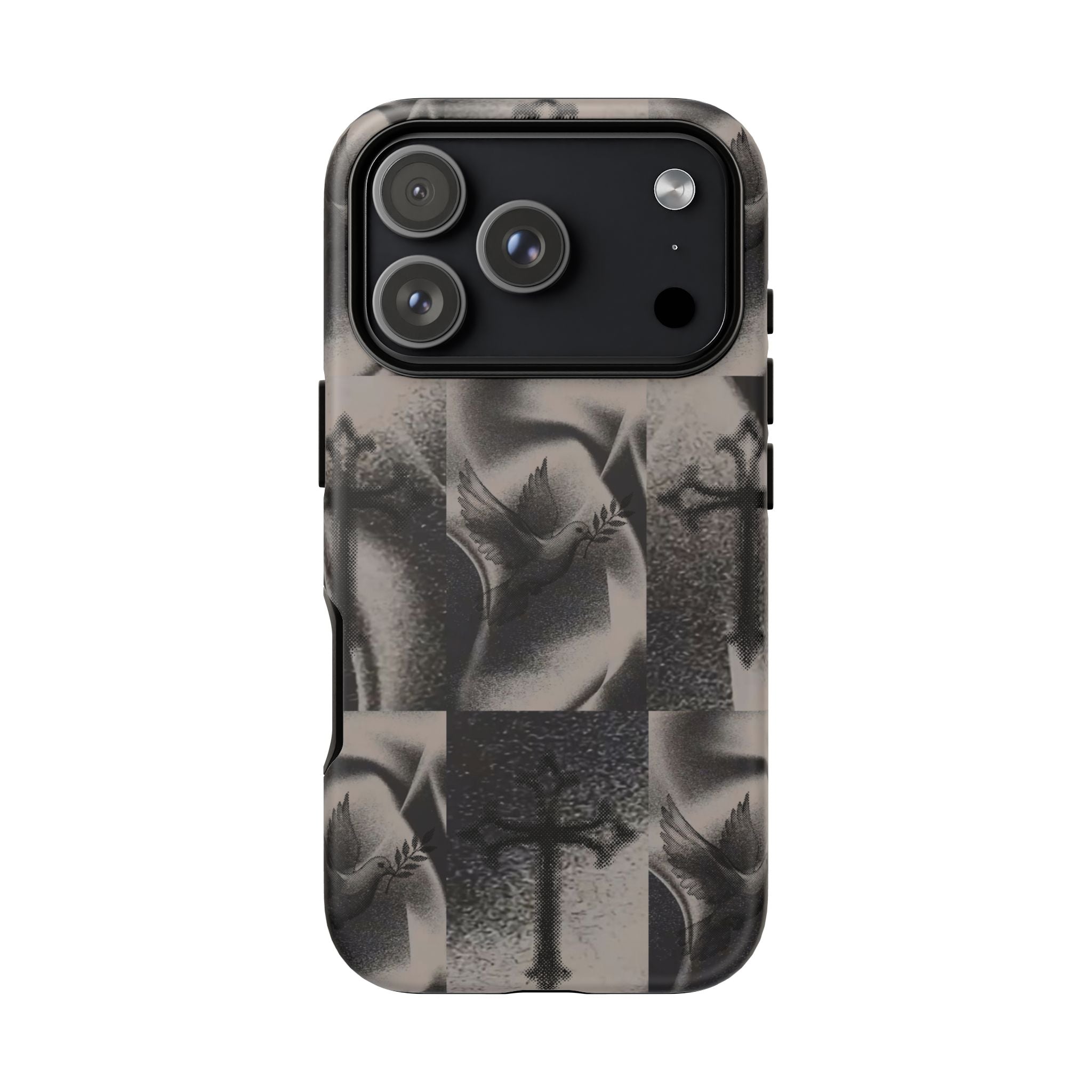 Gothic Cross & Dove Phone Case — Moody Checkerboard Protective Case