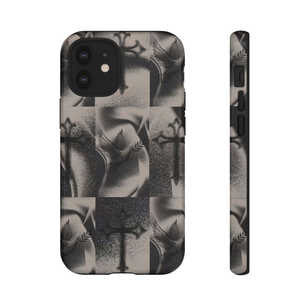 Gothic Cross & Dove Phone Case — Moody Checkerboard Protective Case