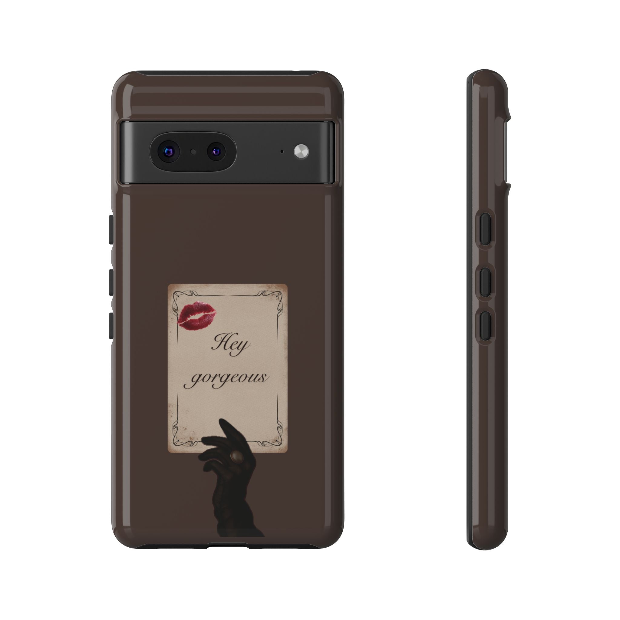Hey Gorgeous Phone Case — Brown Lip Print & Shadow Hand Protective Cover
