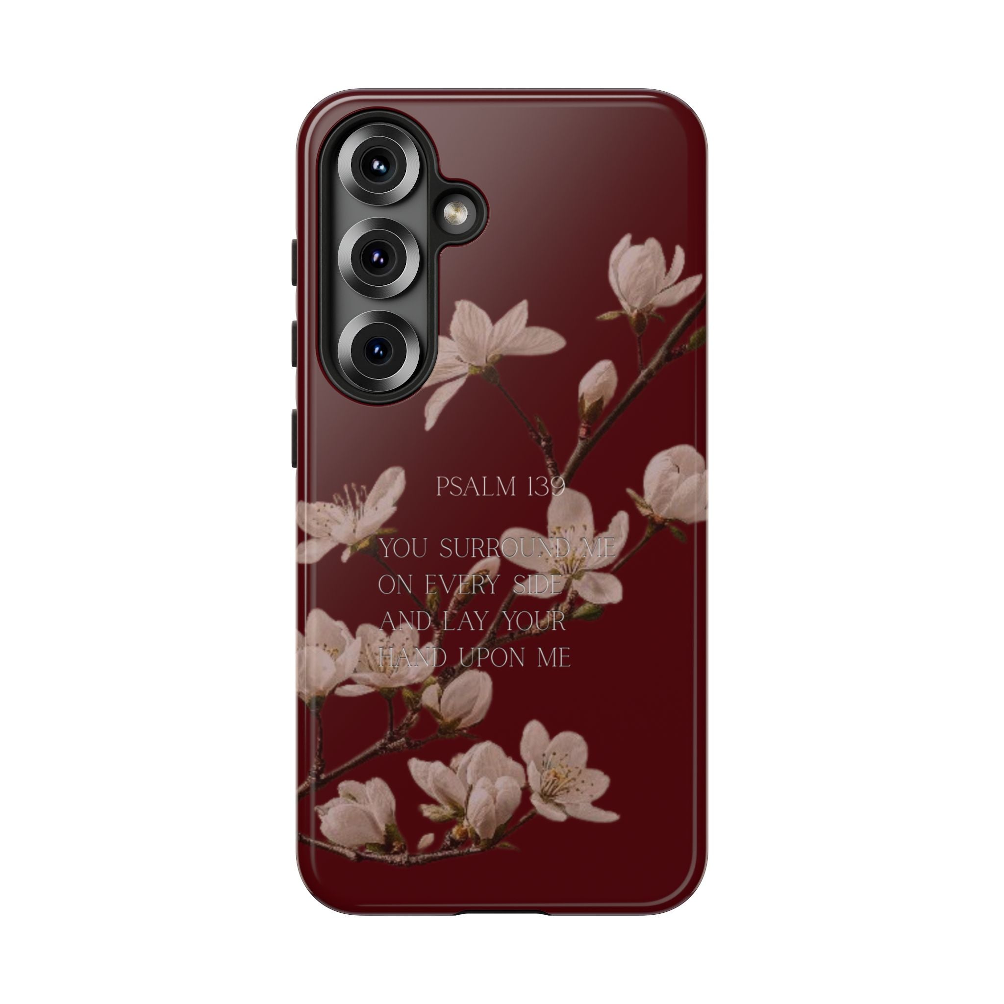 Floral Psalm Tough Phone Case — Burgundy Magnolia Branch with Psalm 139 Verse