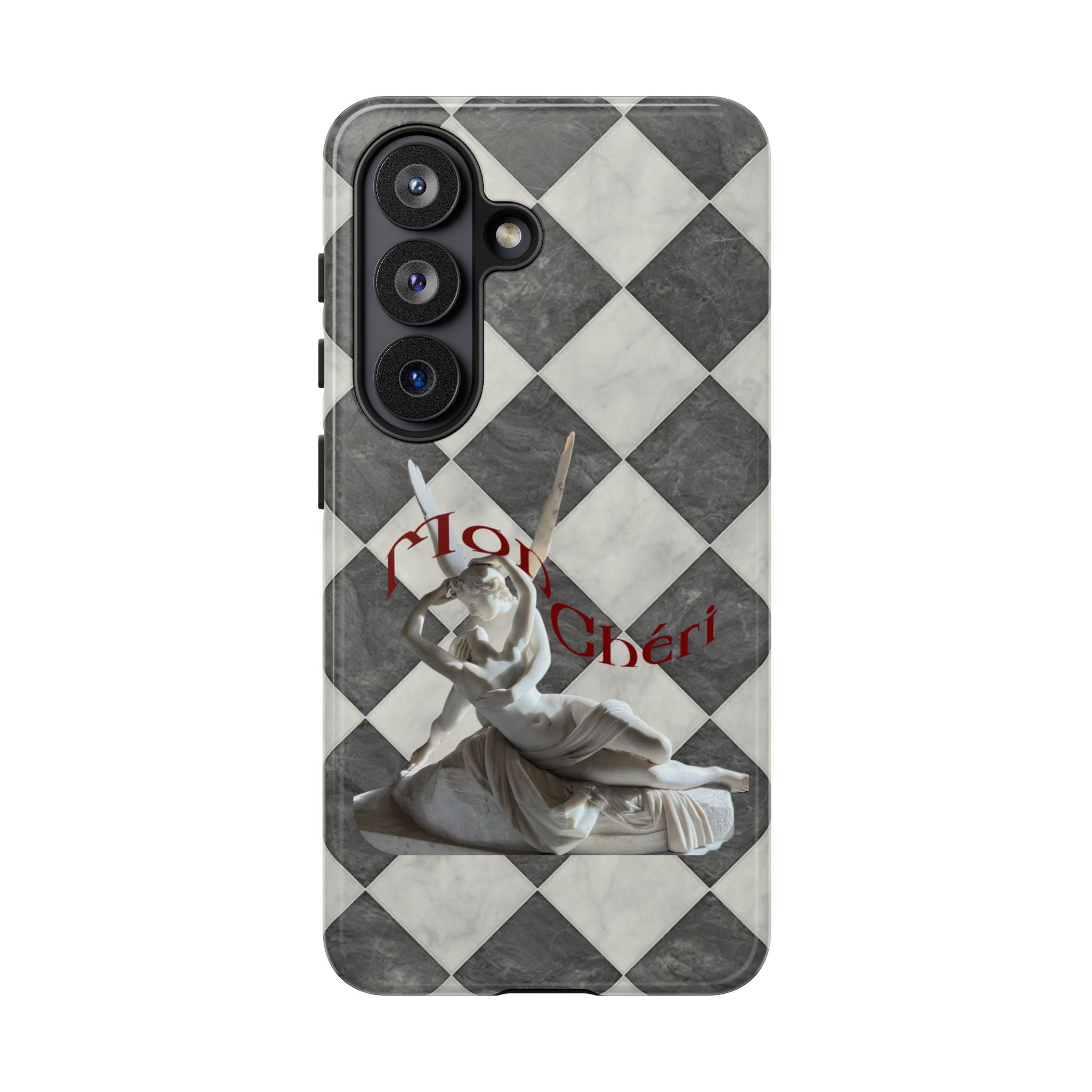 Phone Case — Vintage Harlequin Design with 'Mon Cheri' Statue Accent