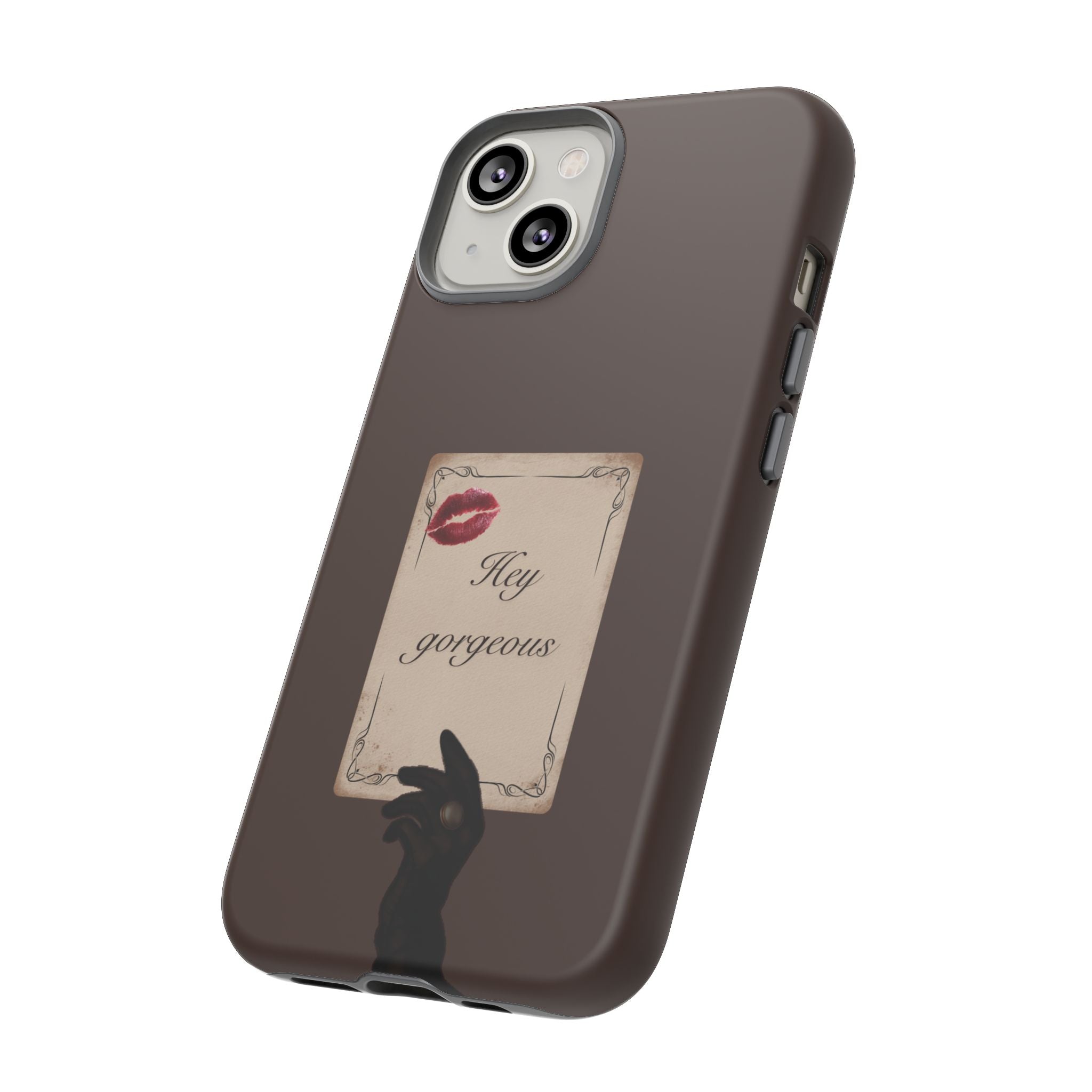 Hey Gorgeous Phone Case — Brown Lip Print & Shadow Hand Protective Cover