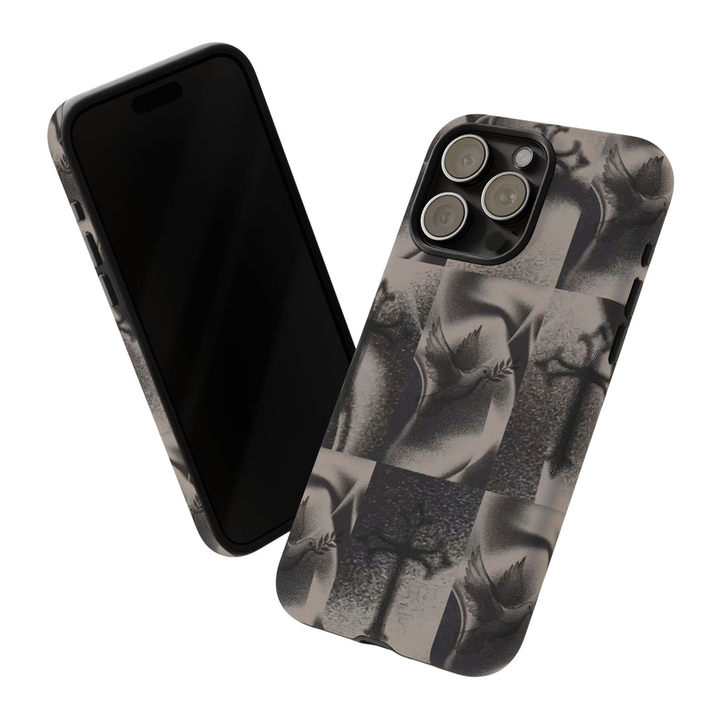 Gothic Cross & Dove Phone Case — Moody Checkerboard Protective Case