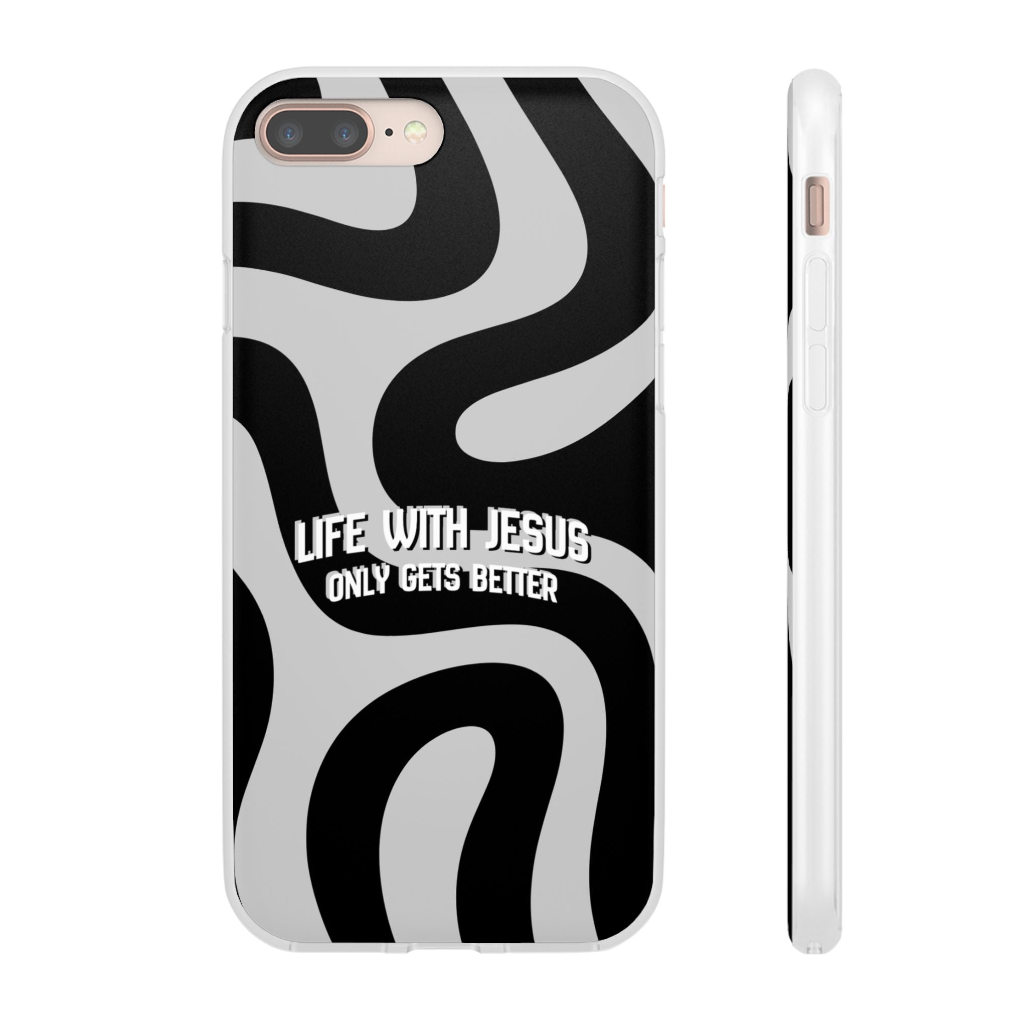 Religious Phone Case — "Life With Jesus Only Gets Better" Black & White Swirl Flexi Case