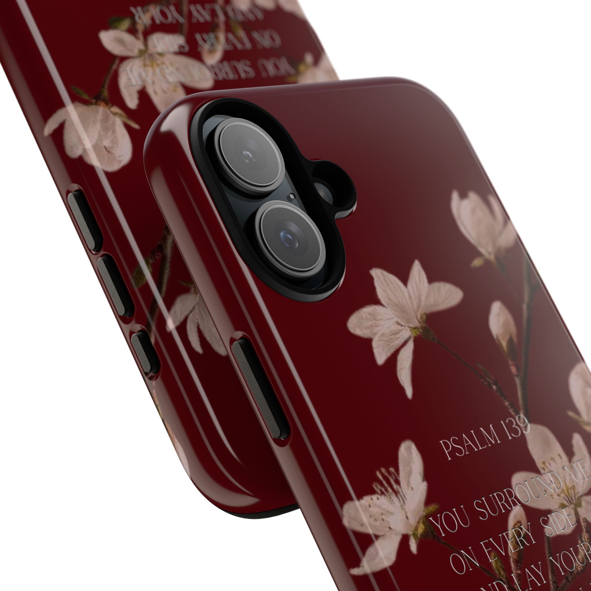 Floral Psalm Tough Phone Case — Burgundy Magnolia Branch with Psalm 139 Verse