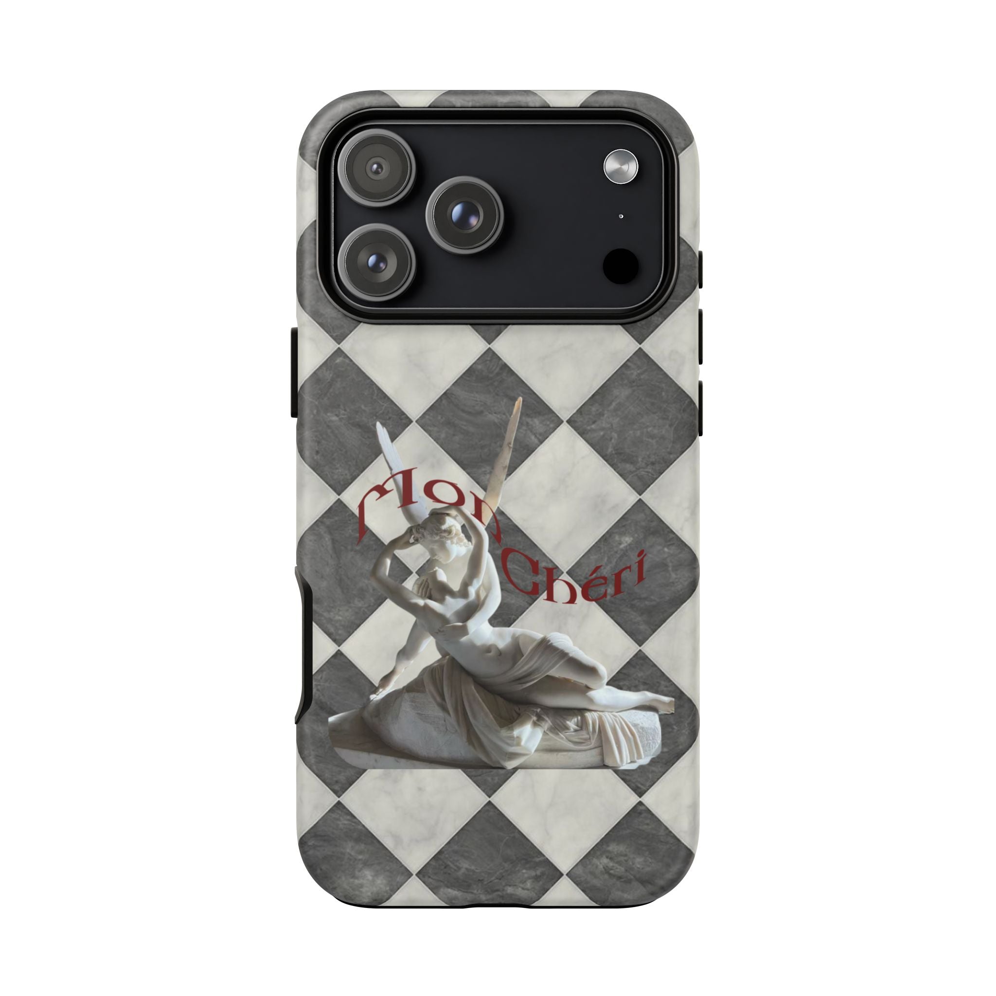 Phone Case — Vintage Harlequin Design with 'Mon Cheri' Statue Accent