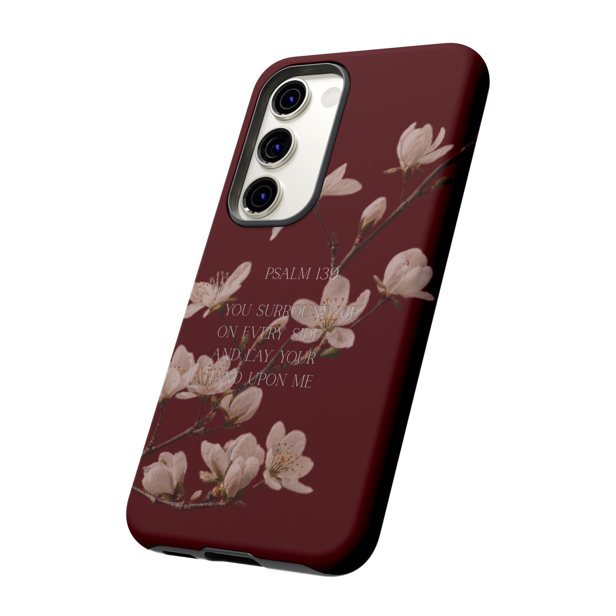 Floral Psalm Tough Phone Case — Burgundy Magnolia Branch with Psalm 139 Verse
