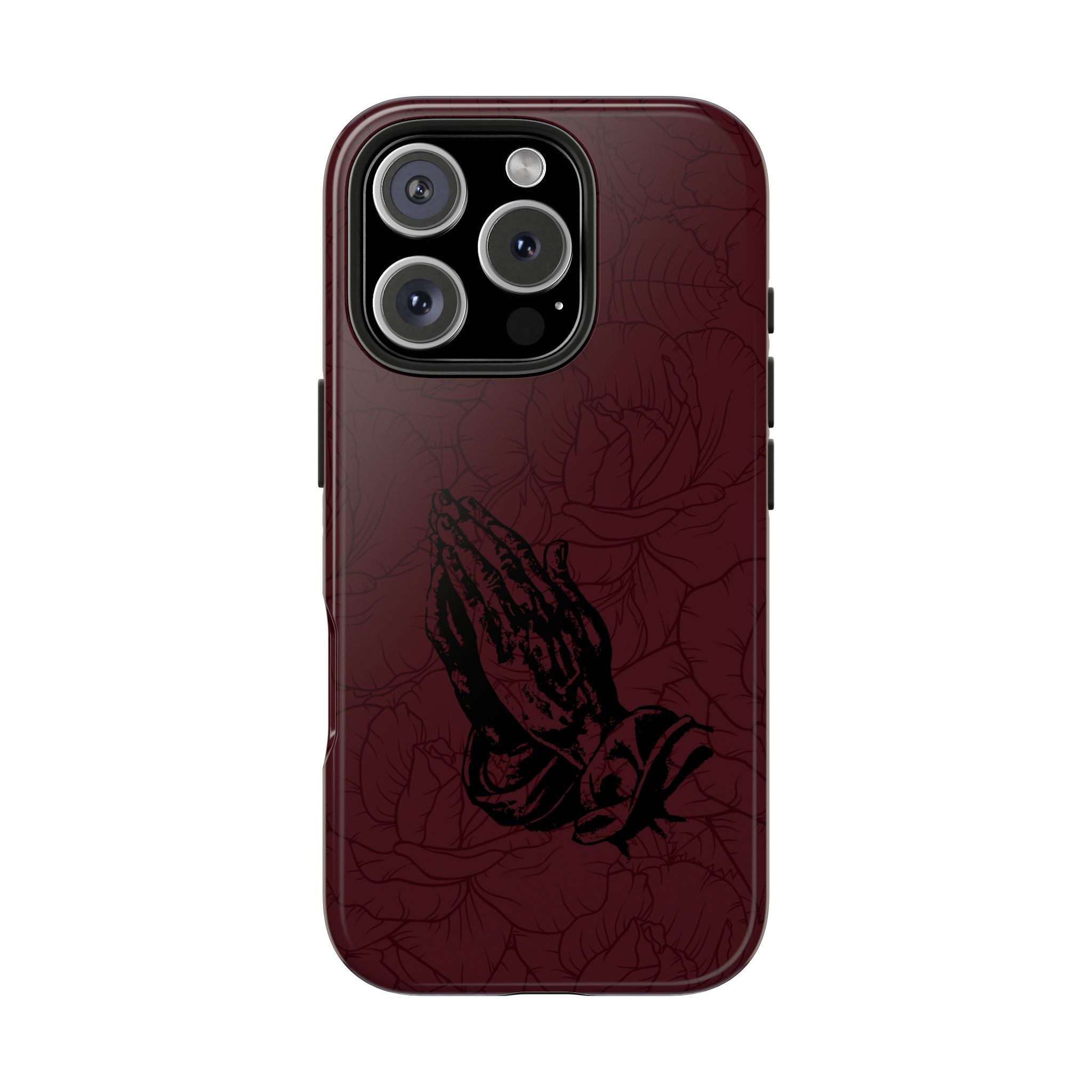 Burgundy Praying Hands Tough Phone Case – Floral Background, Religious Protective Cover