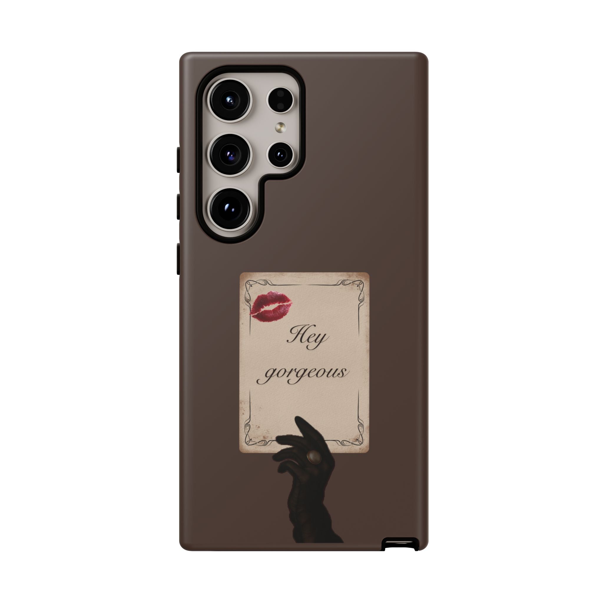 Hey Gorgeous Phone Case — Brown Lip Print & Shadow Hand Protective Cover