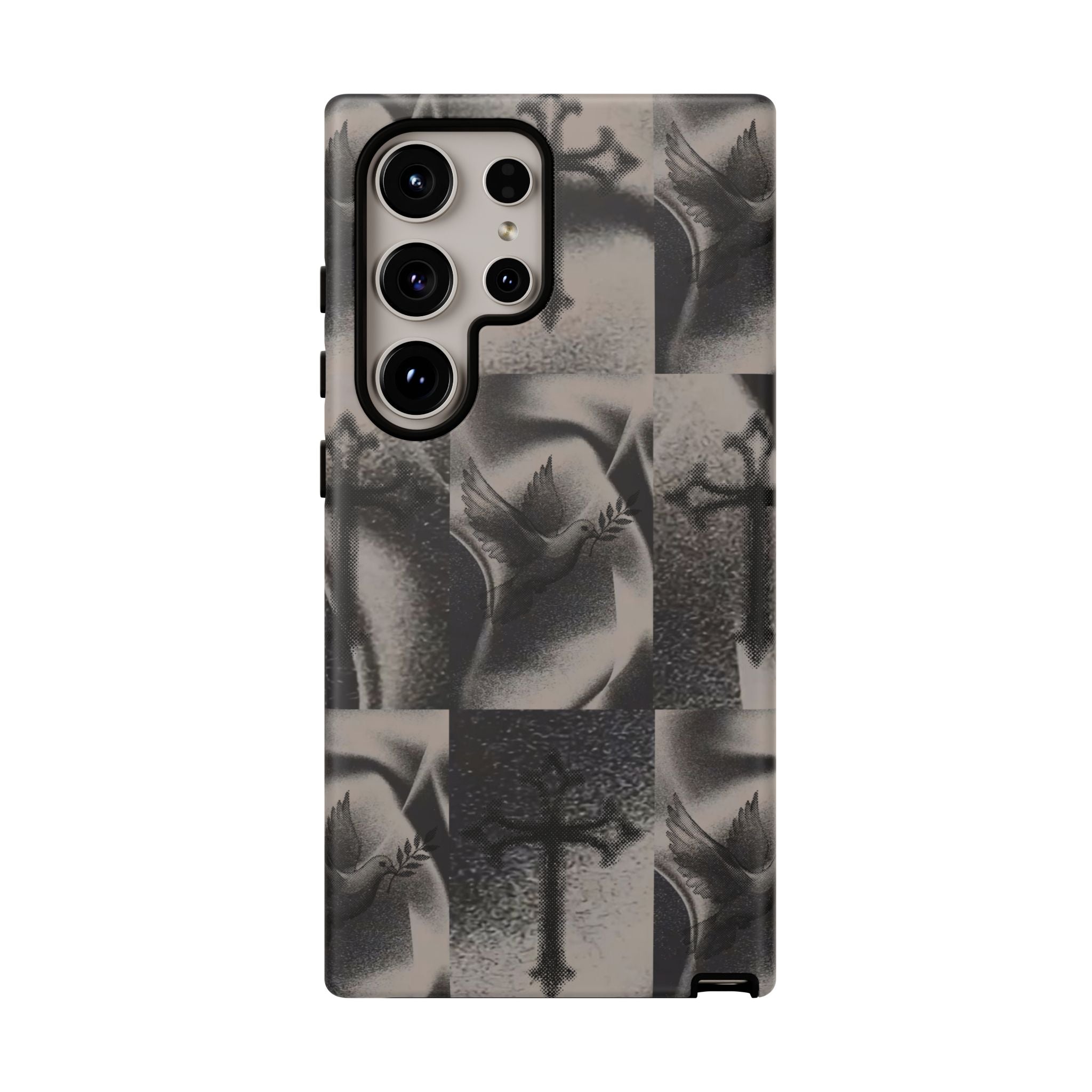 Gothic Cross & Dove Phone Case — Moody Checkerboard Protective Case