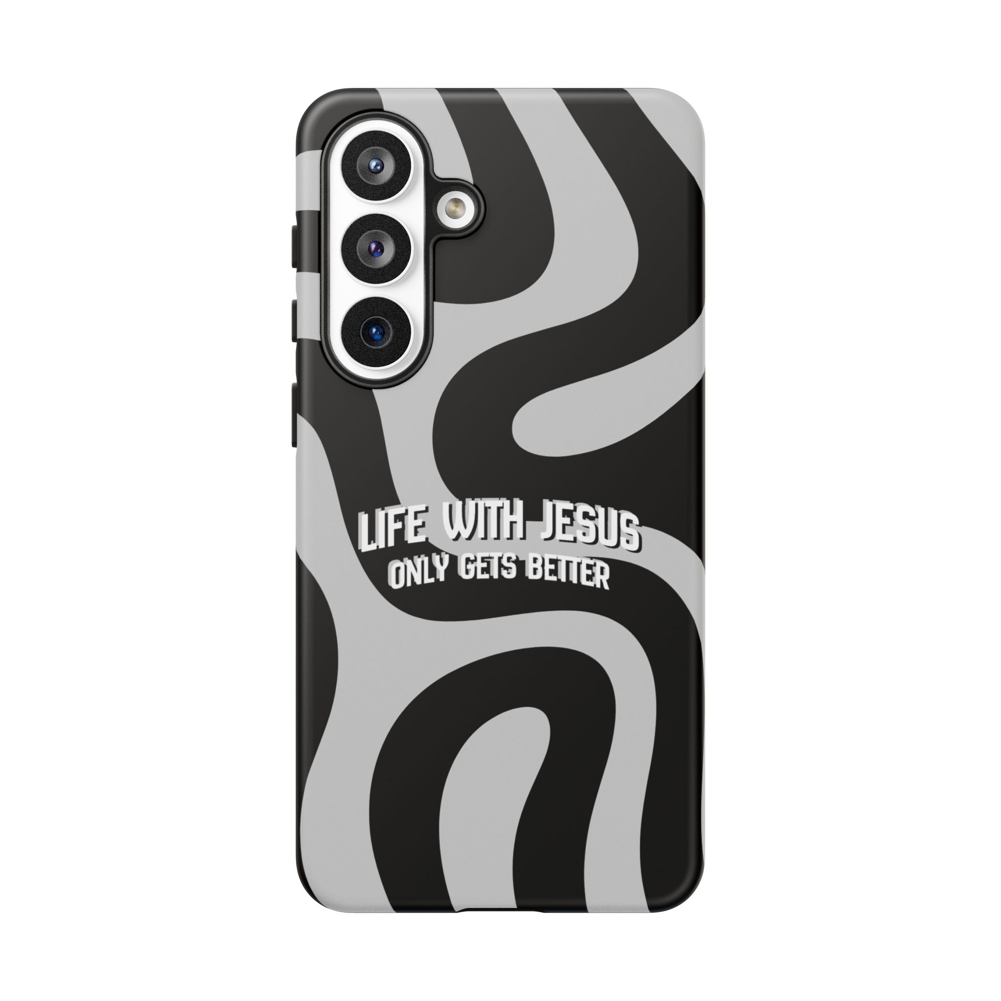 Christian iPhone Tough Case — "Life With Jesus Only Gets Better" Black & White Swirl Design