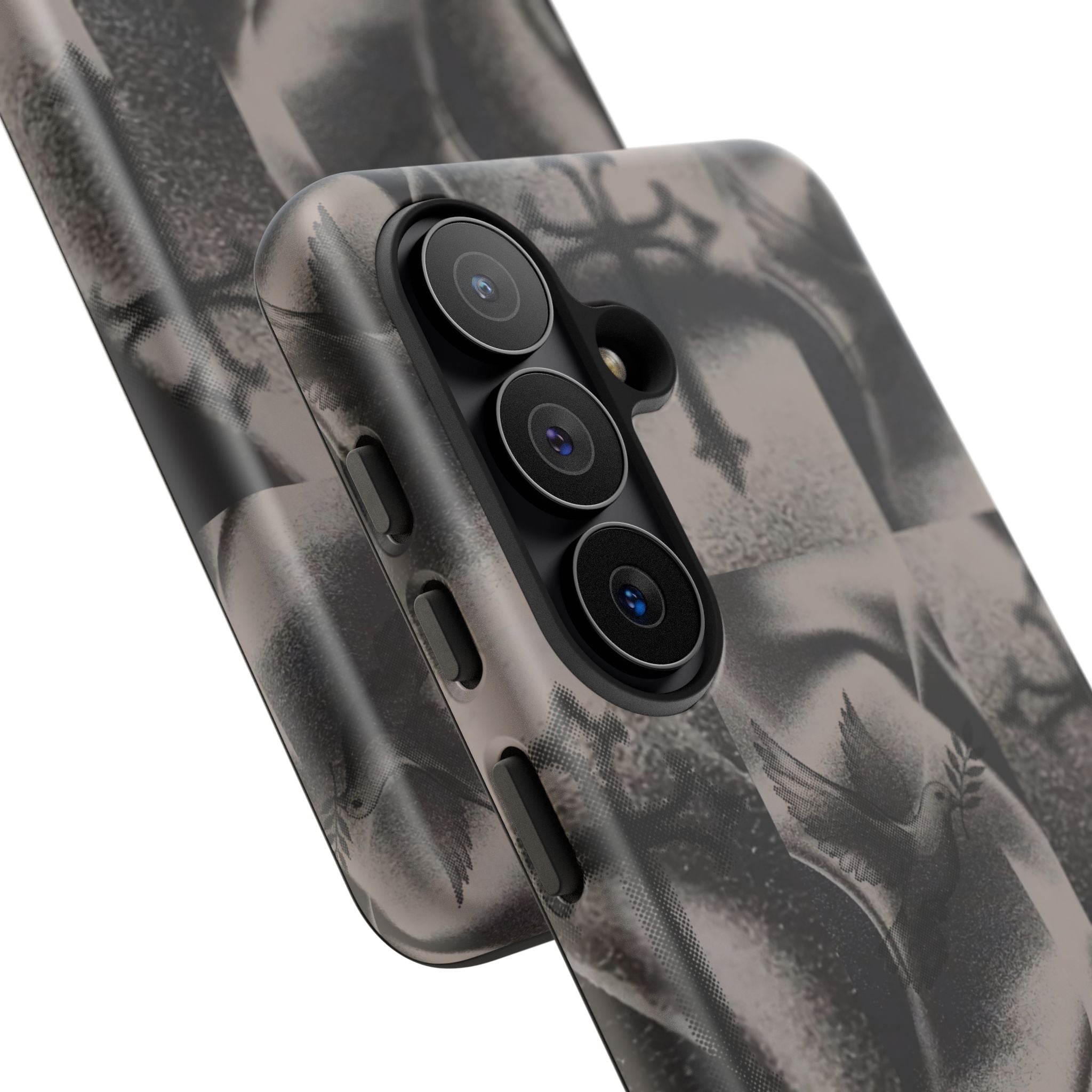 Gothic Cross & Dove Phone Case — Moody Checkerboard Protective Case