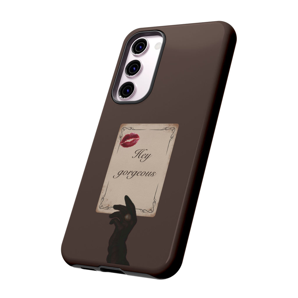 Hey Gorgeous Phone Case — Brown Lip Print & Shadow Hand Protective Cover
