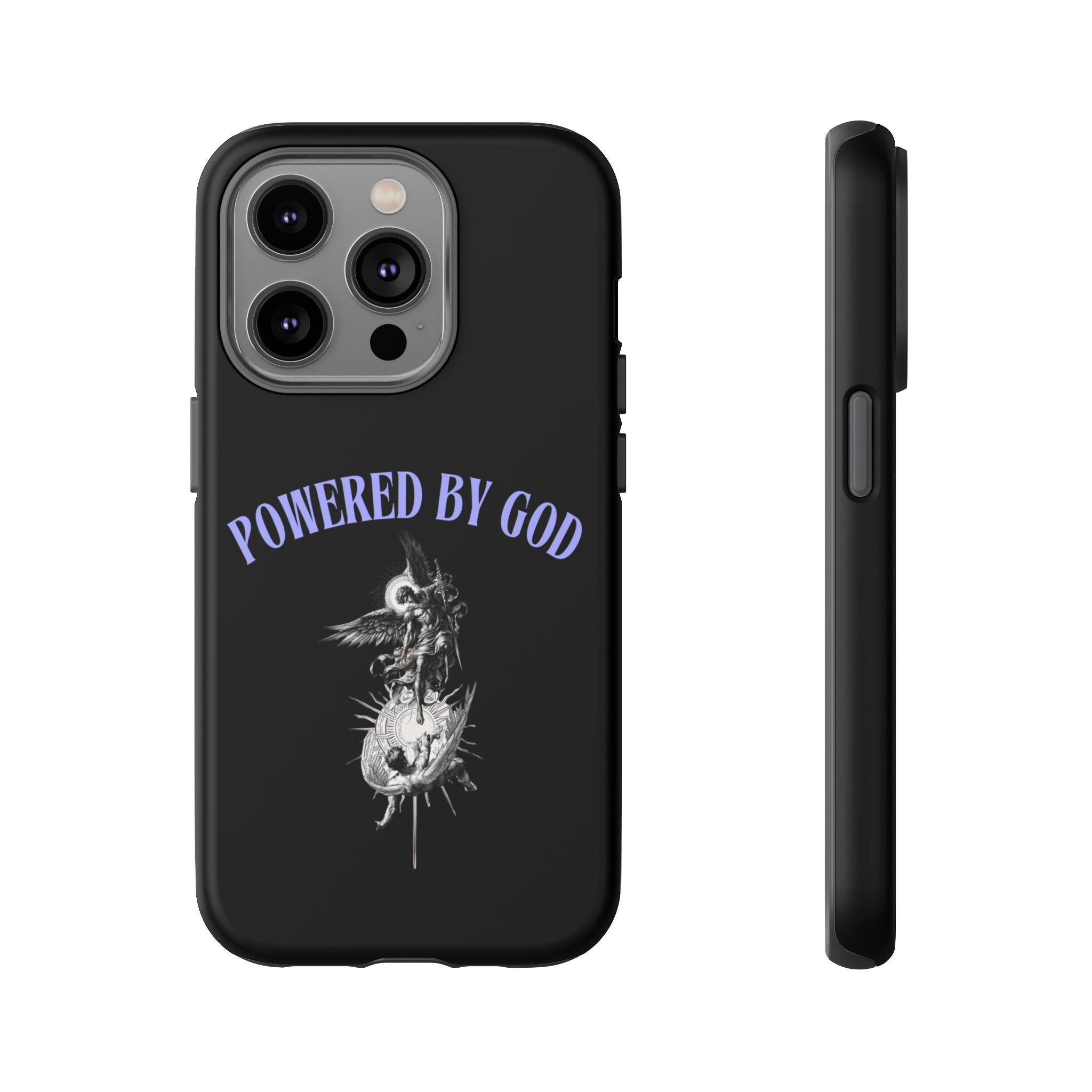 Phone Case — "Powered by God" Black Protective Case with Angelic Skull Design