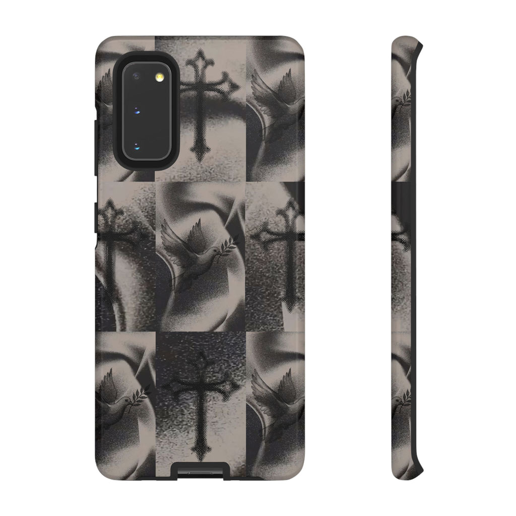 Gothic Cross & Dove Phone Case — Moody Checkerboard Protective Case