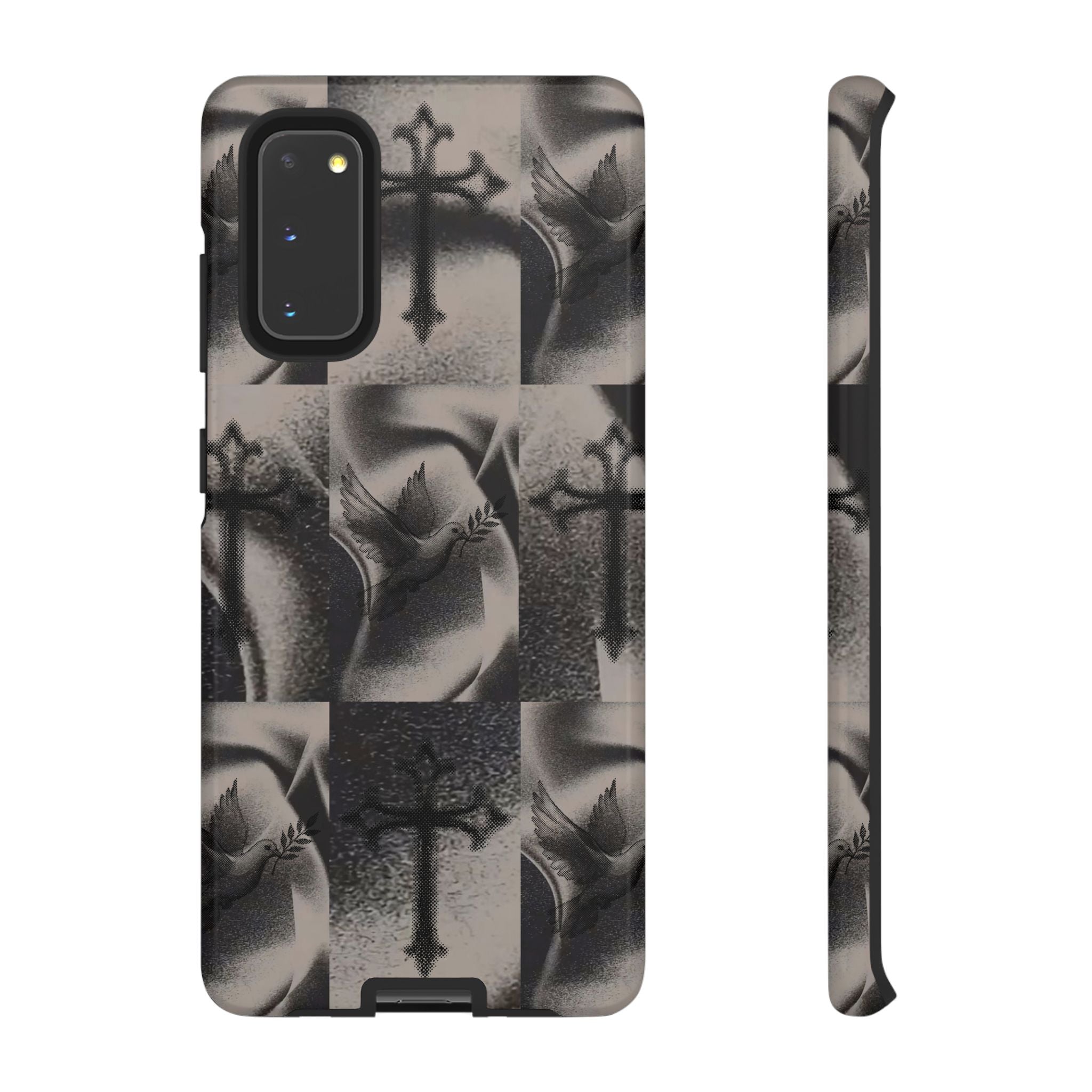 Gothic Cross & Dove Phone Case — Moody Checkerboard Protective Case