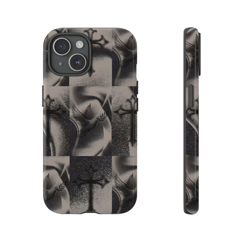 Gothic Cross & Dove Phone Case — Moody Checkerboard Protective Case