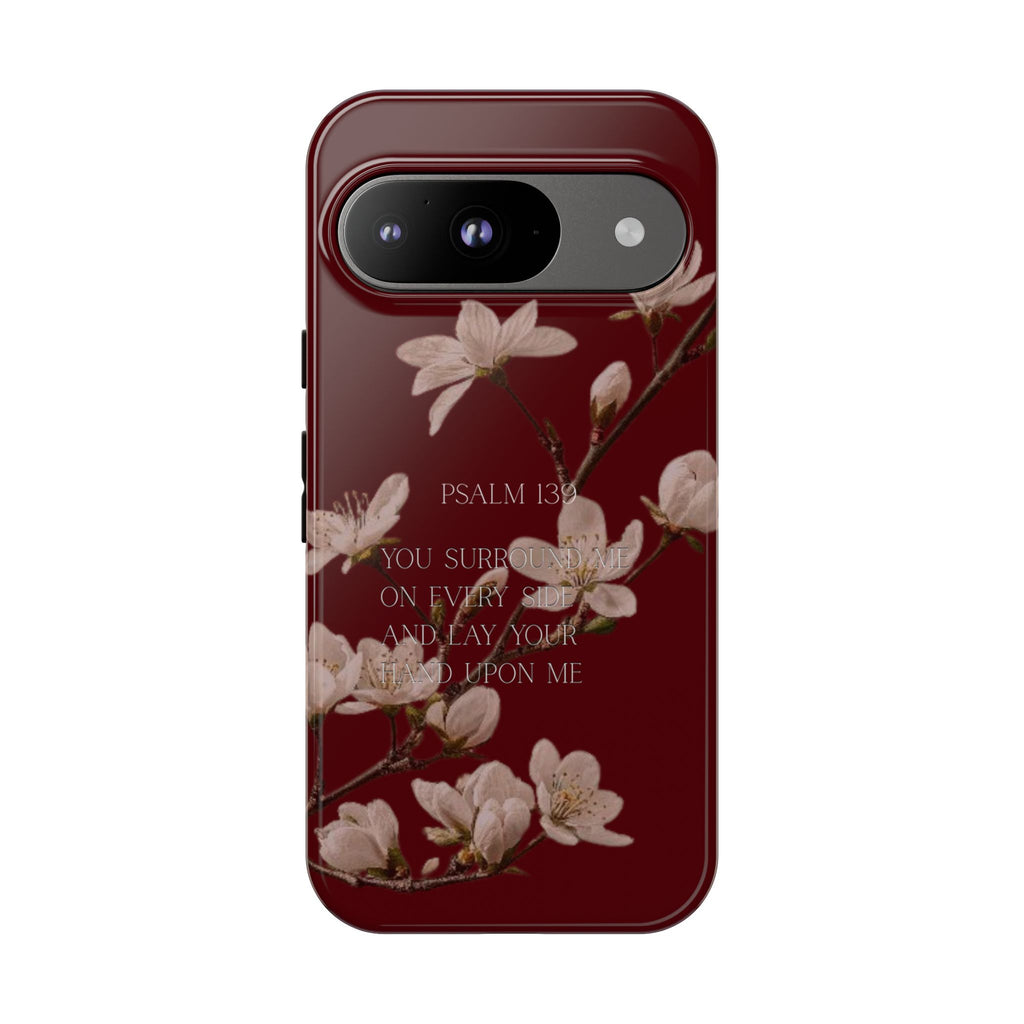 Floral Psalm Tough Phone Case — Burgundy Magnolia Branch with Psalm 139 Verse