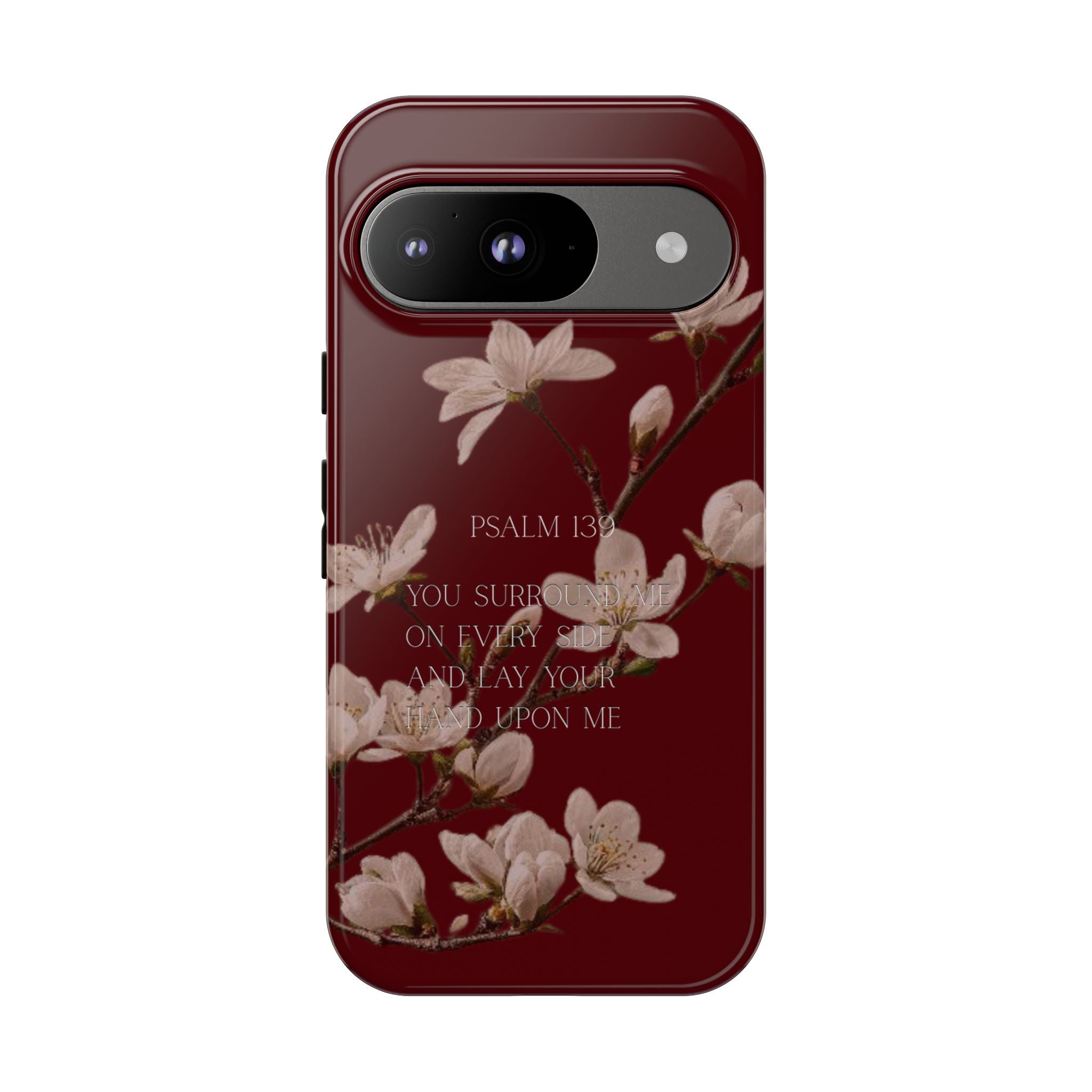 Floral Psalm Tough Phone Case — Burgundy Magnolia Branch with Psalm 139 Verse
