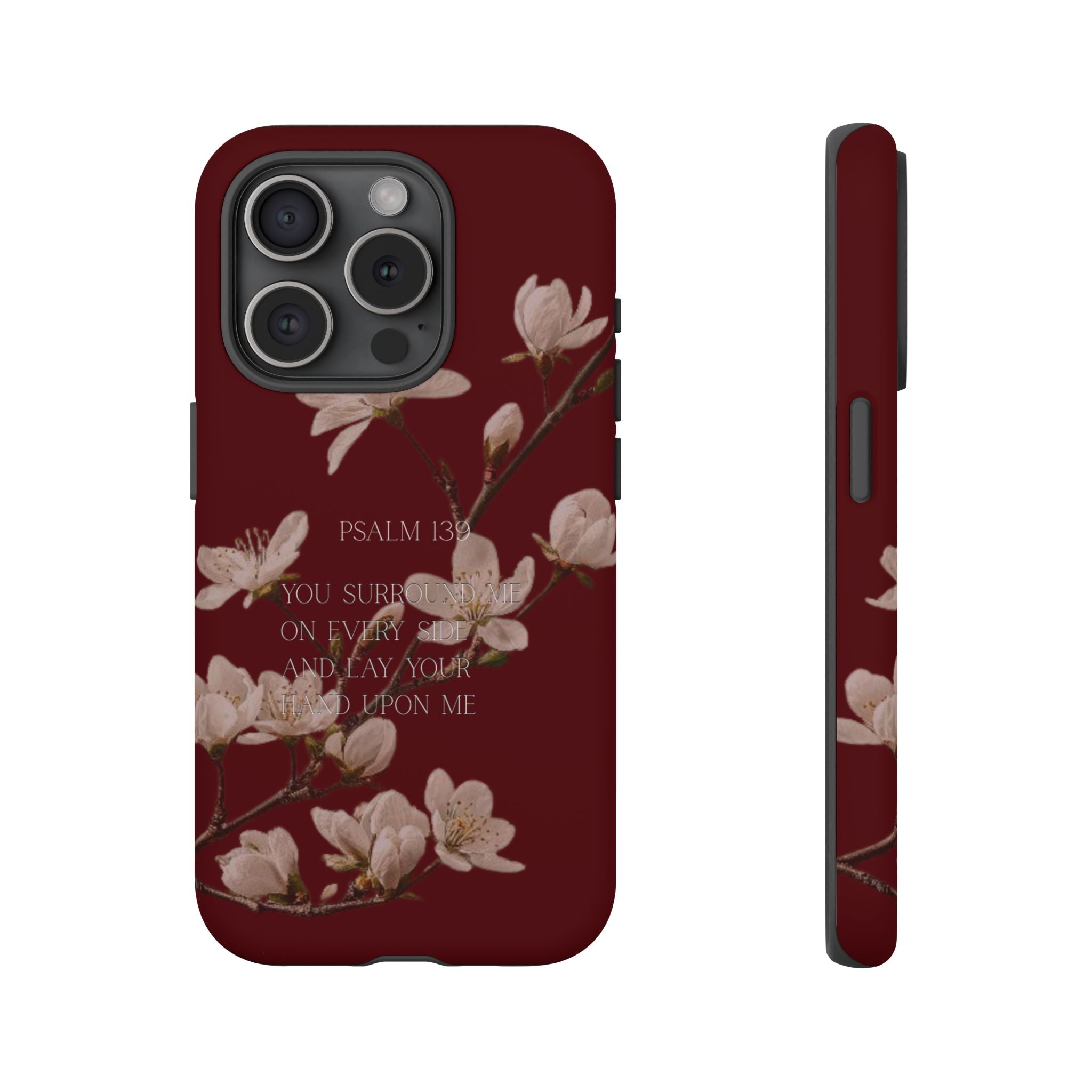 Floral Psalm Tough Phone Case — Burgundy Magnolia Branch with Psalm 139 Verse