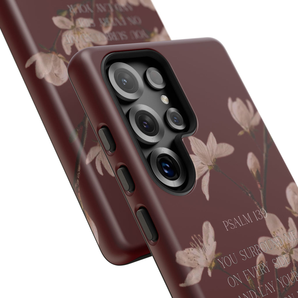 Floral Psalm Tough Phone Case — Burgundy Magnolia Branch with Psalm 139 Verse