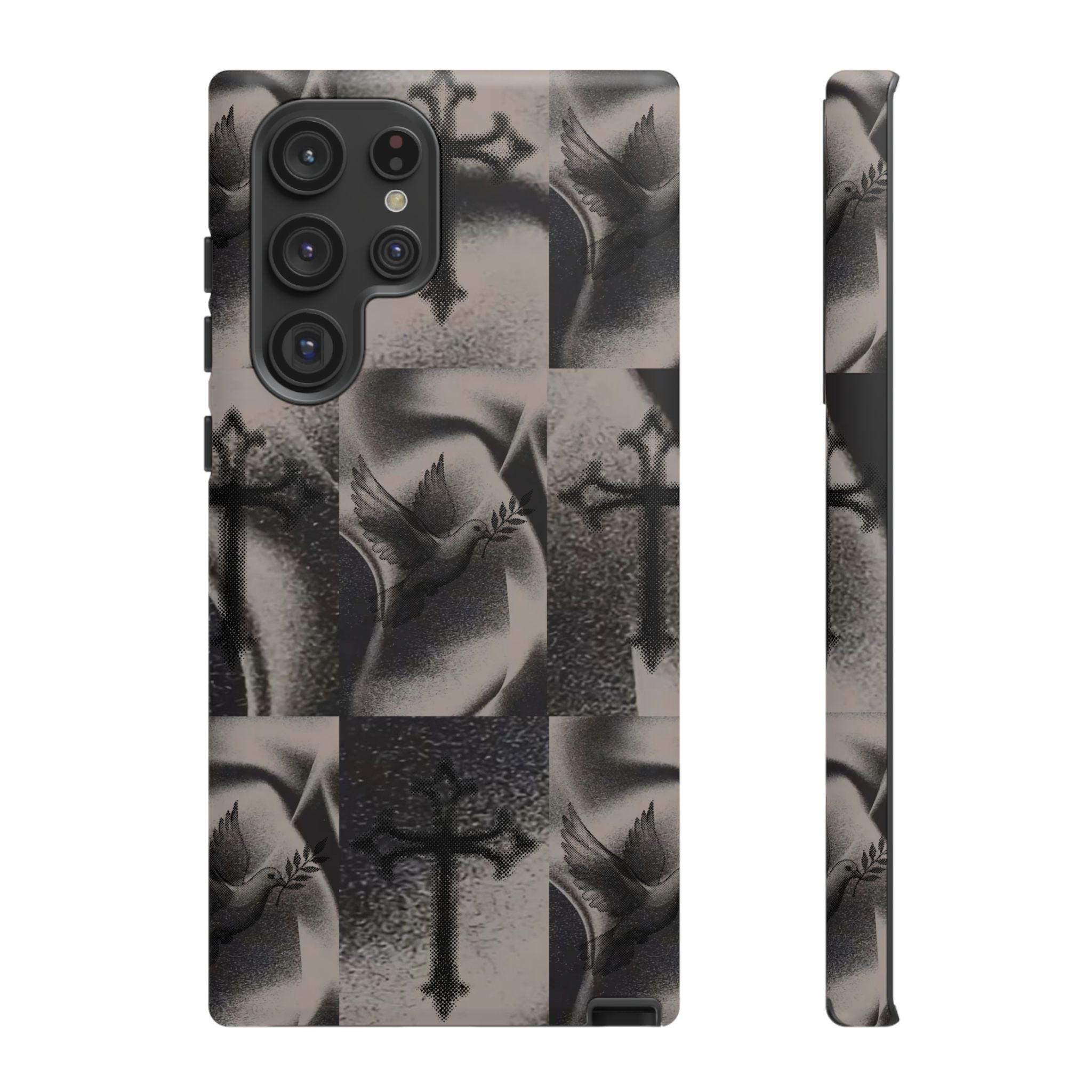Gothic Cross & Dove Phone Case — Moody Checkerboard Protective Case