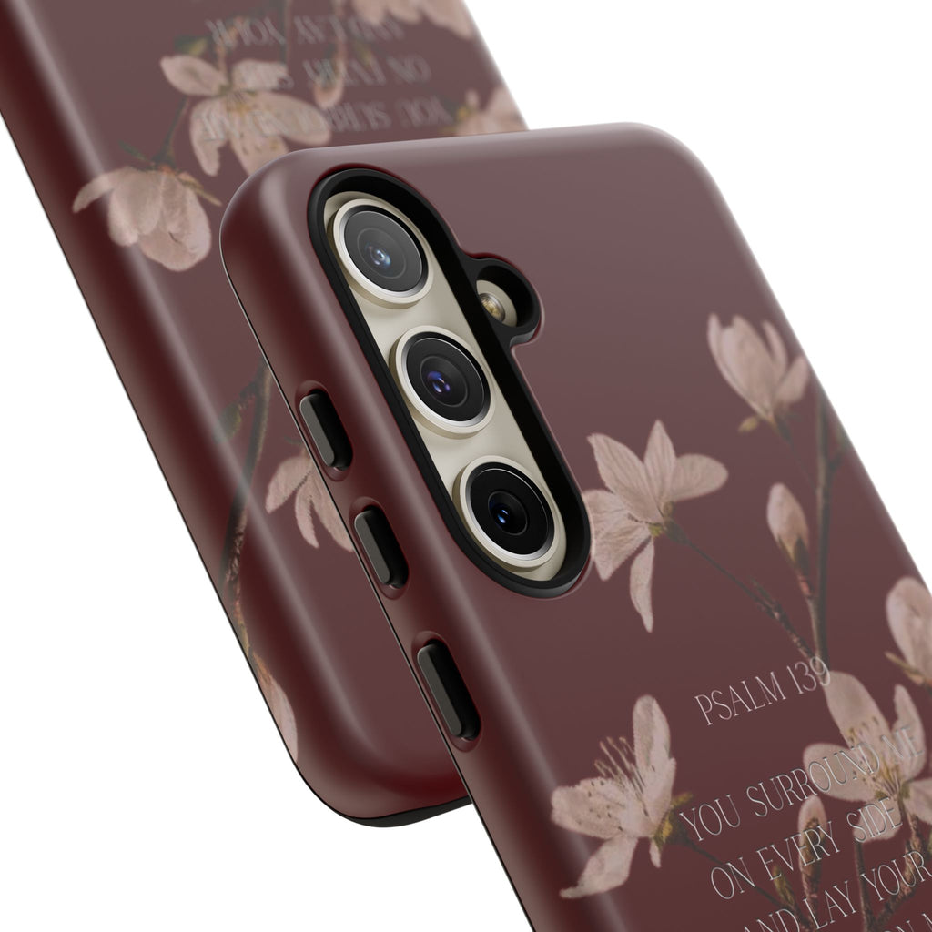 Floral Psalm Tough Phone Case — Burgundy Magnolia Branch with Psalm 139 Verse